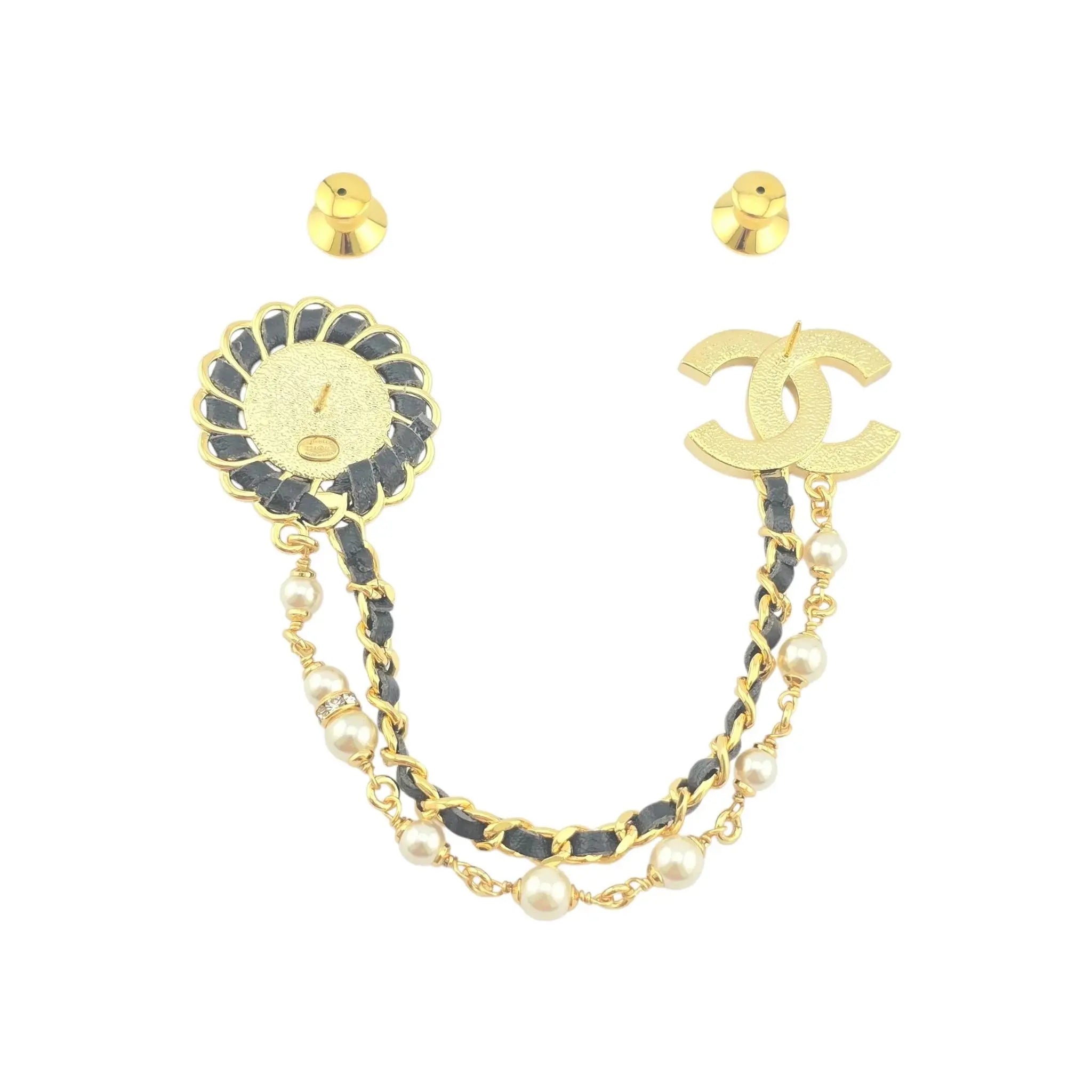Chanel CC Leather Faux Pearl Crystal Chain Brooch 2024 CHANEL