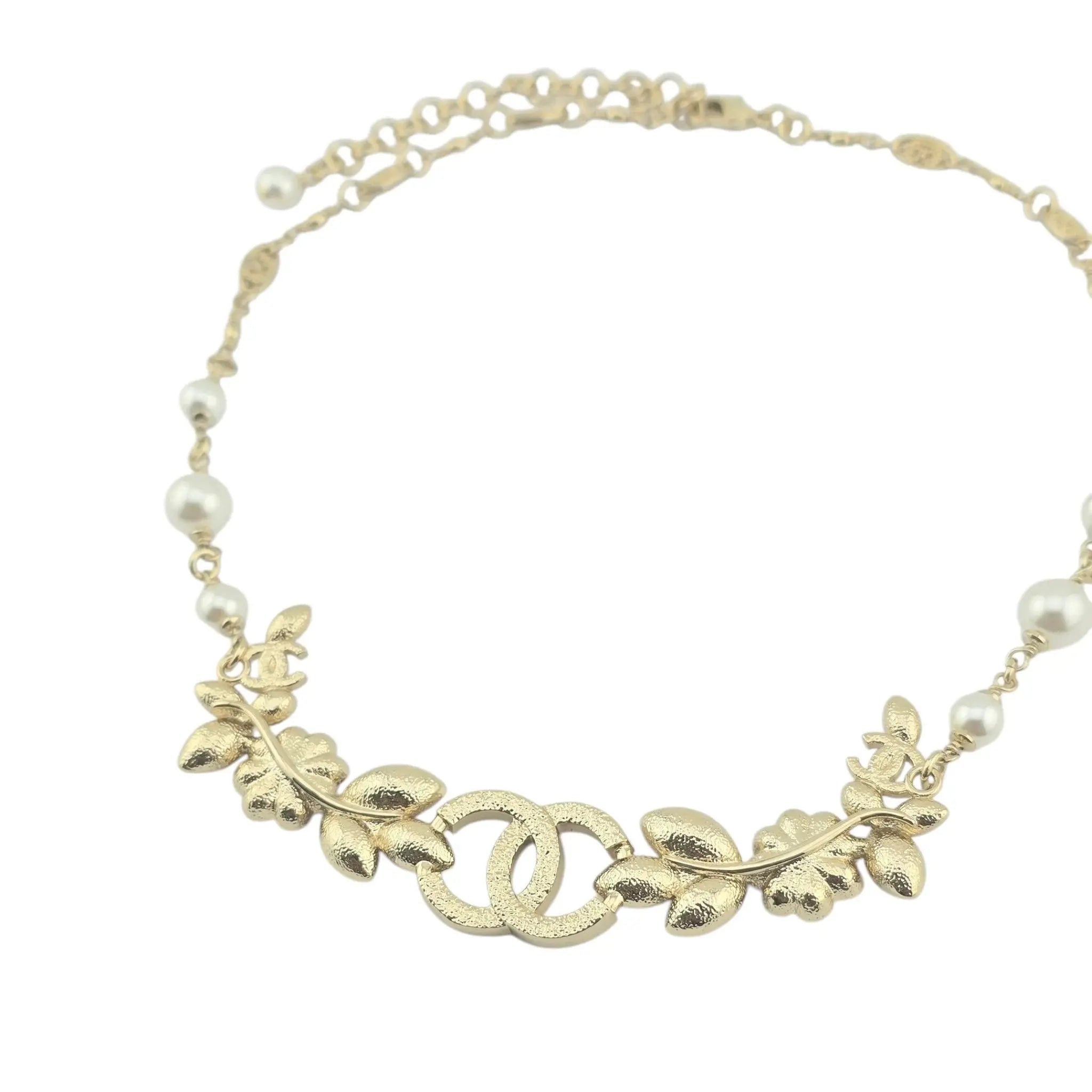 Chanel CC Flower Leaf Crystal Gold Necklace 2022 CHANEL