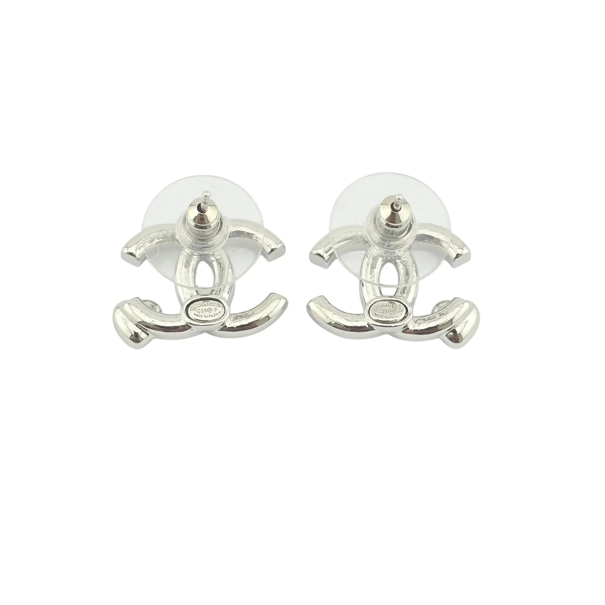 Chanel CC Silver Red Crystal Heart Stud Earrings CHANEL