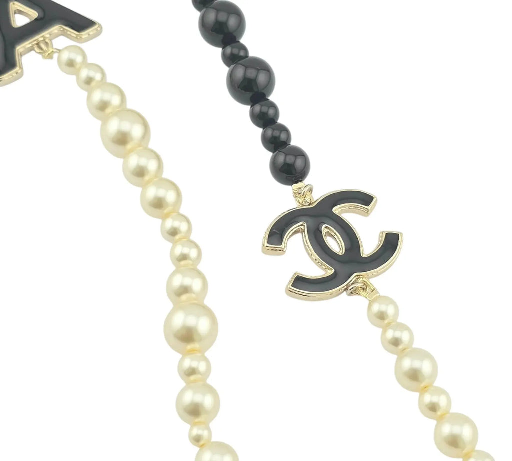 Chanel CC Metal Enamel Pearl Beaded Long Necklace Black White 2022 CHANEL