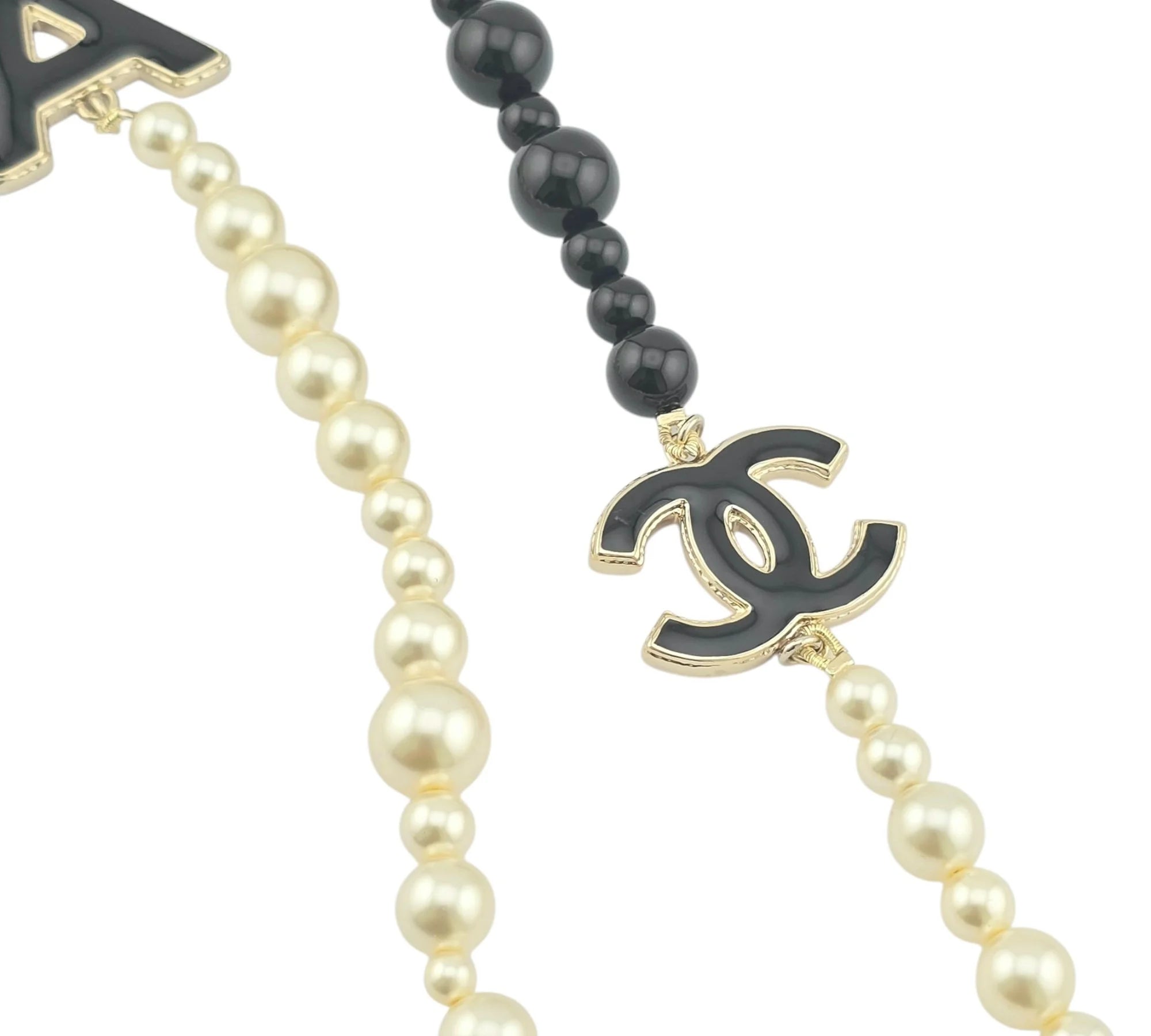Chanel CC Metal Enamel Pearl Beaded Long Necklace Black White 2022 CHANEL