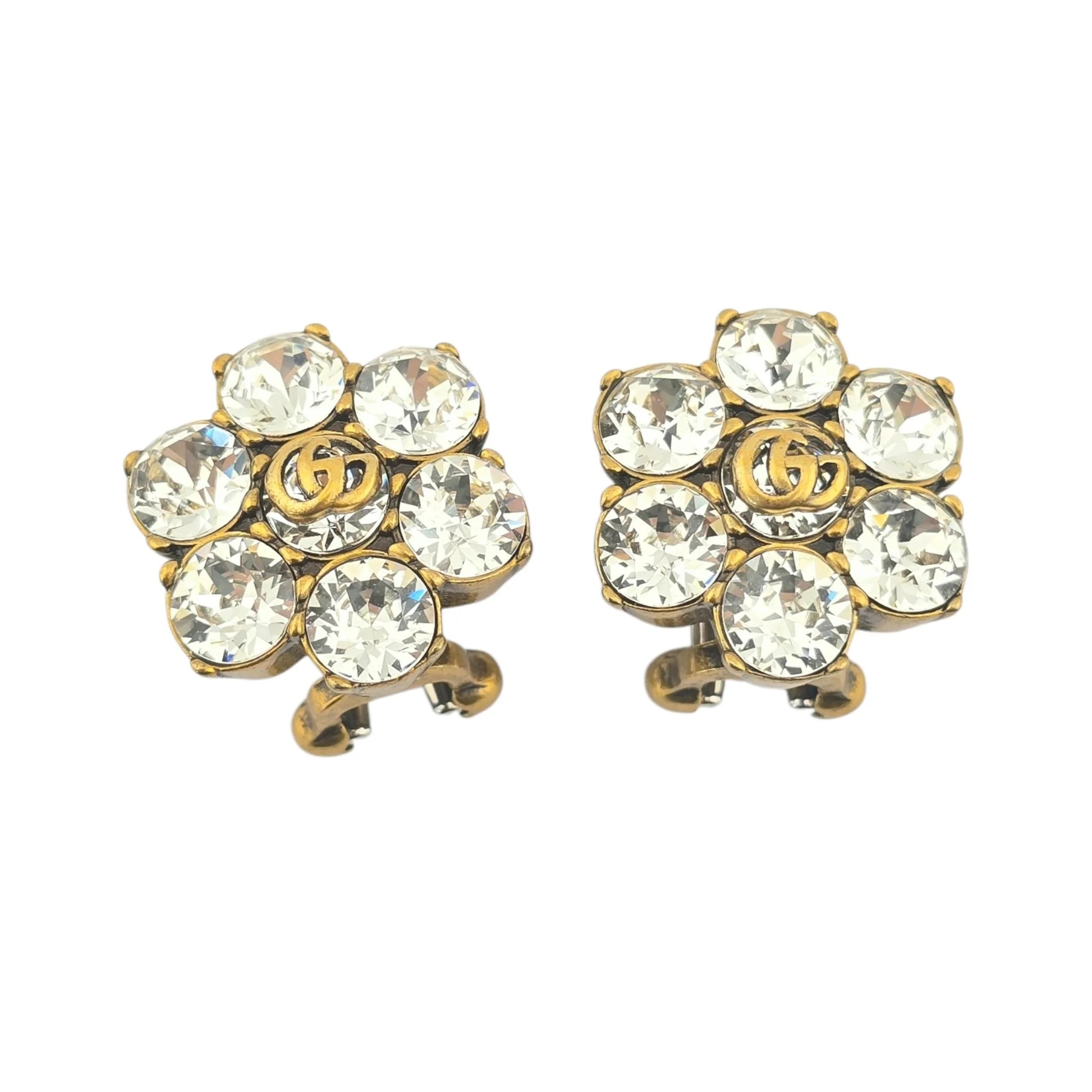 GUCCI Metal Crystal Double G Clip On Earrings Aged Gold GUCCI