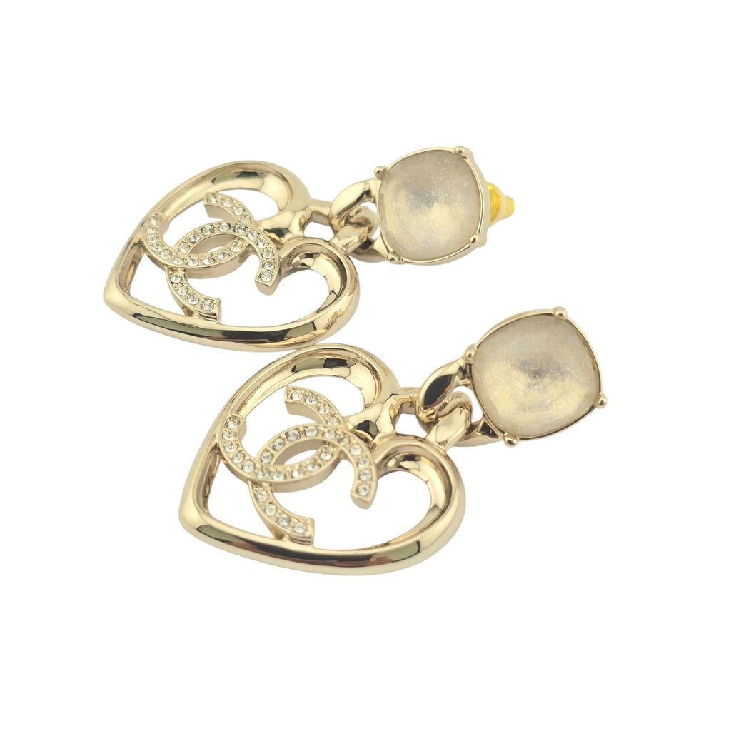 Chanel CC Strass CC Heart Drop Earrings Gold 2023 CHANEL