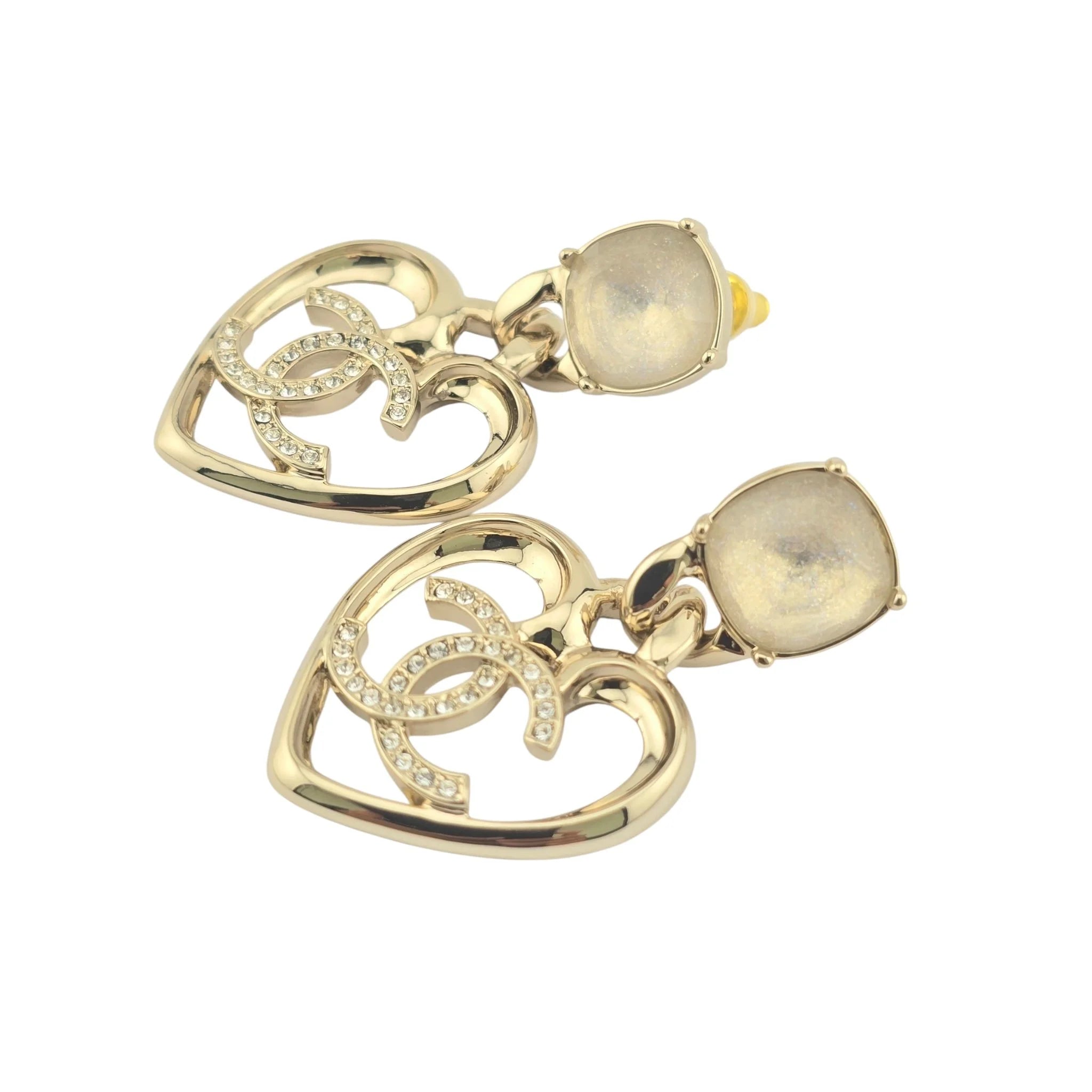 Chanel CC Strass CC Heart Drop Earrings Gold 2023 CHANEL
