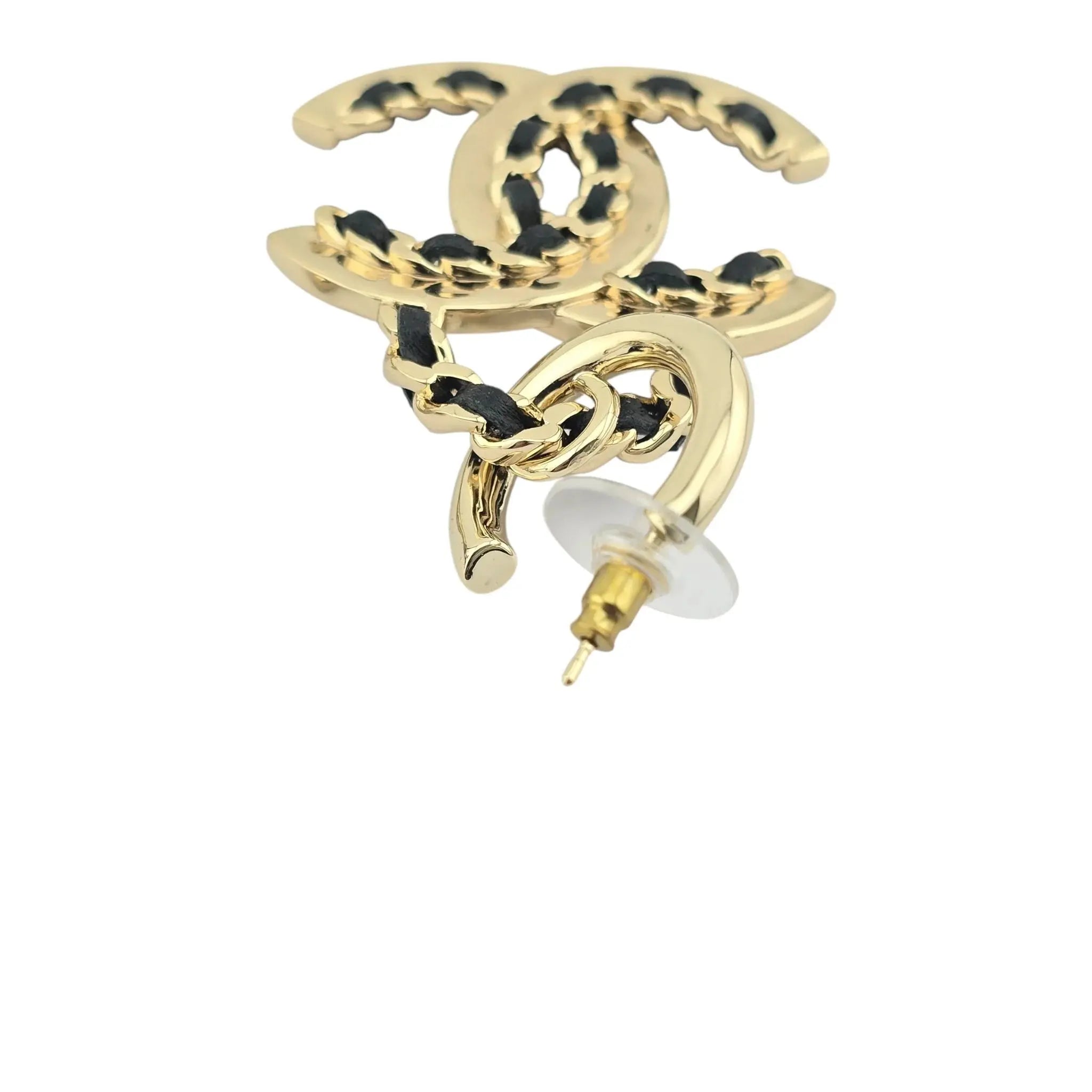 Chanel CC Gold Black Woven Leather Drop Earrings 2021 CHANEL