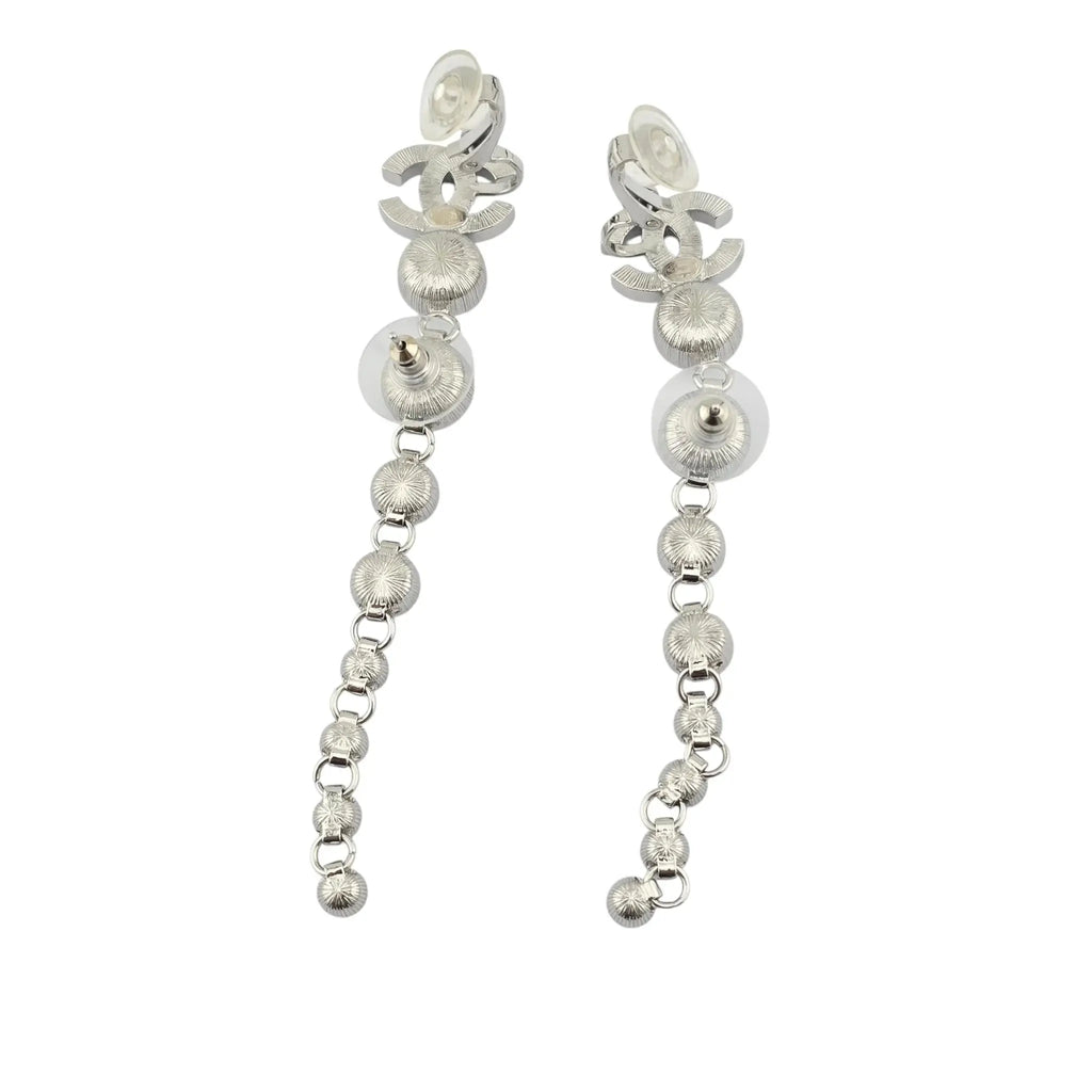 Chanel CC Crystal Cuff Climber Long Drop Earrings Silver 2023 CHANEL
