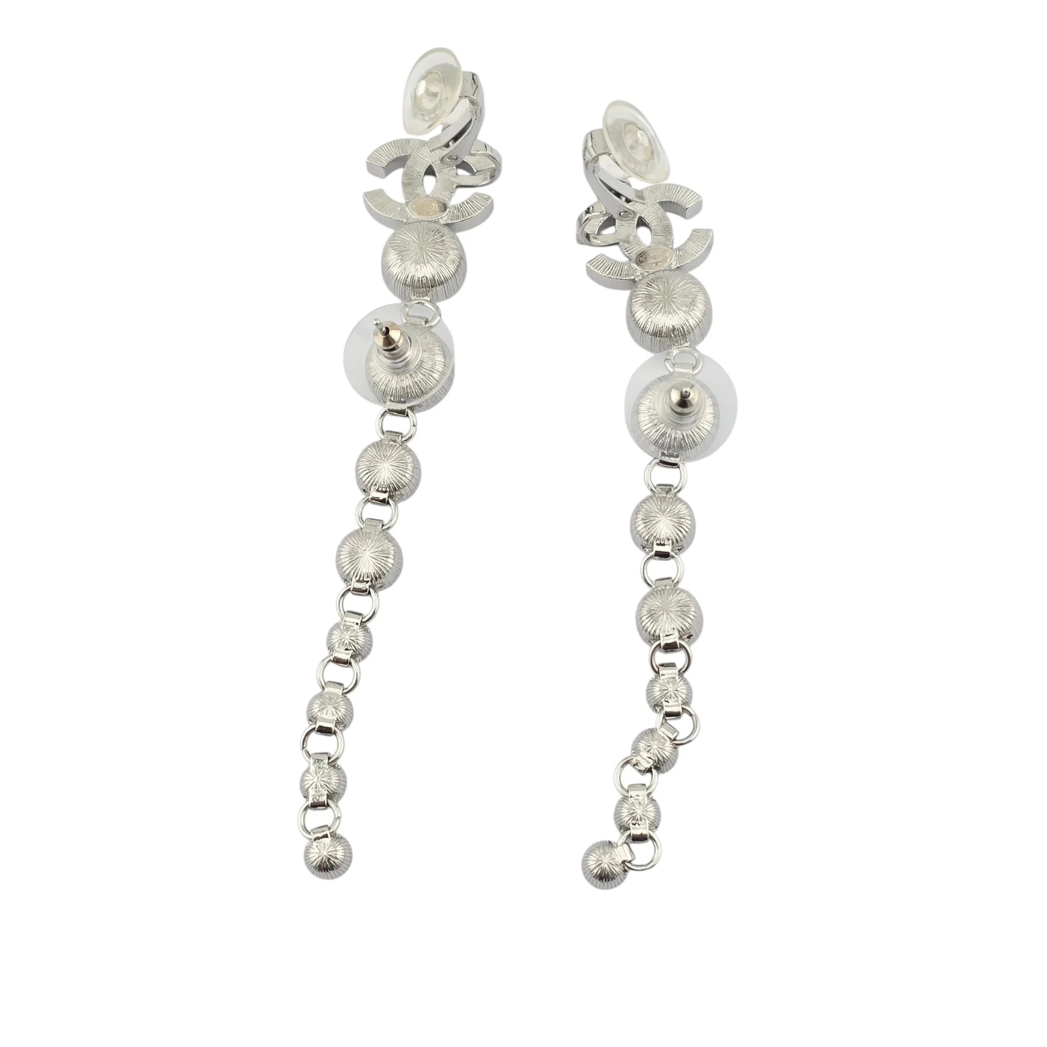 Chanel CC Crystal Cuff Climber Long Drop Earrings Silver 2023 CHANEL