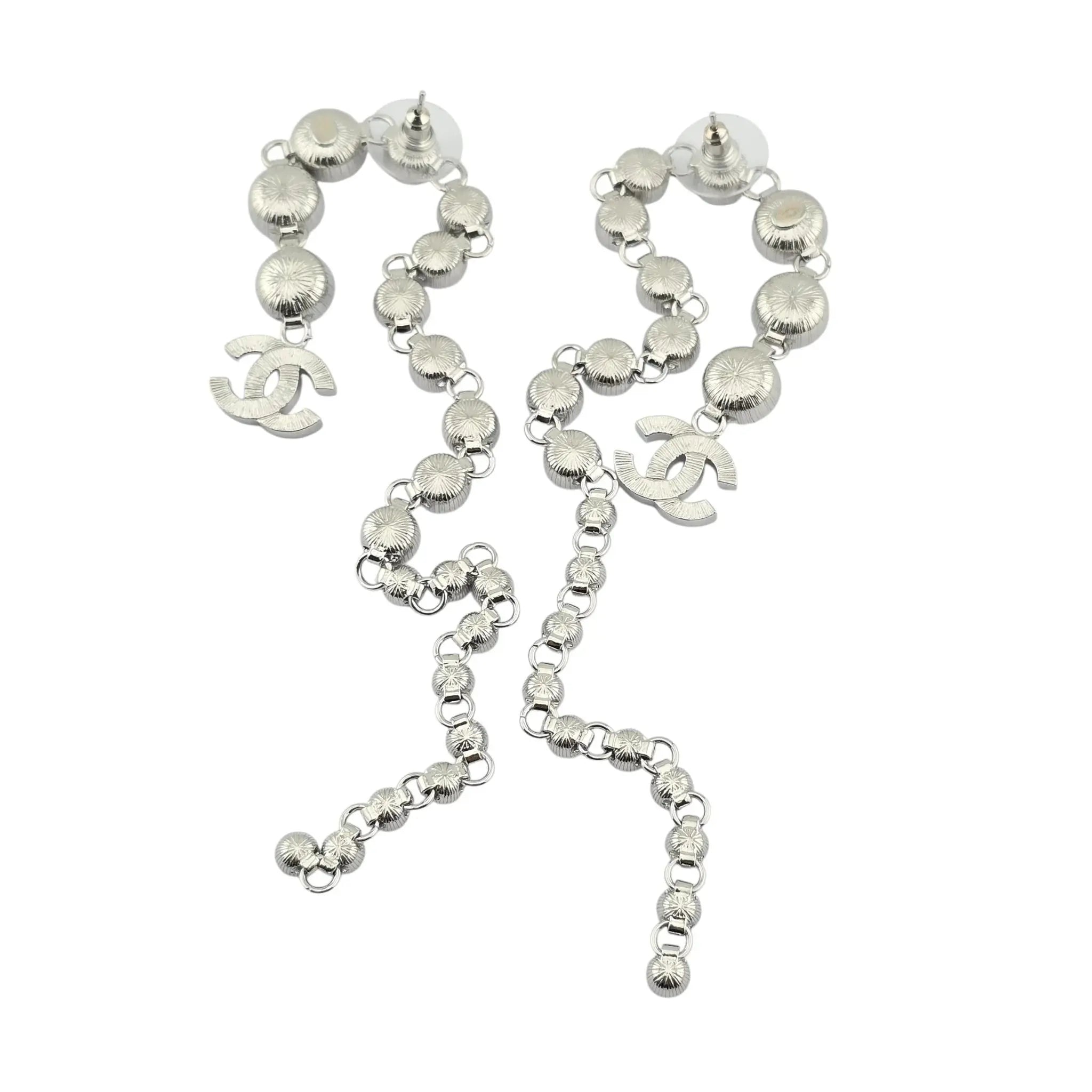 Chanel Crystal CC Long Drop Earrings Silver 2023 CHANEL