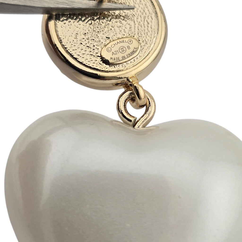 Chanel CC Pearl Crystal Heart Drop Earrings Gold 2021 CHANEL