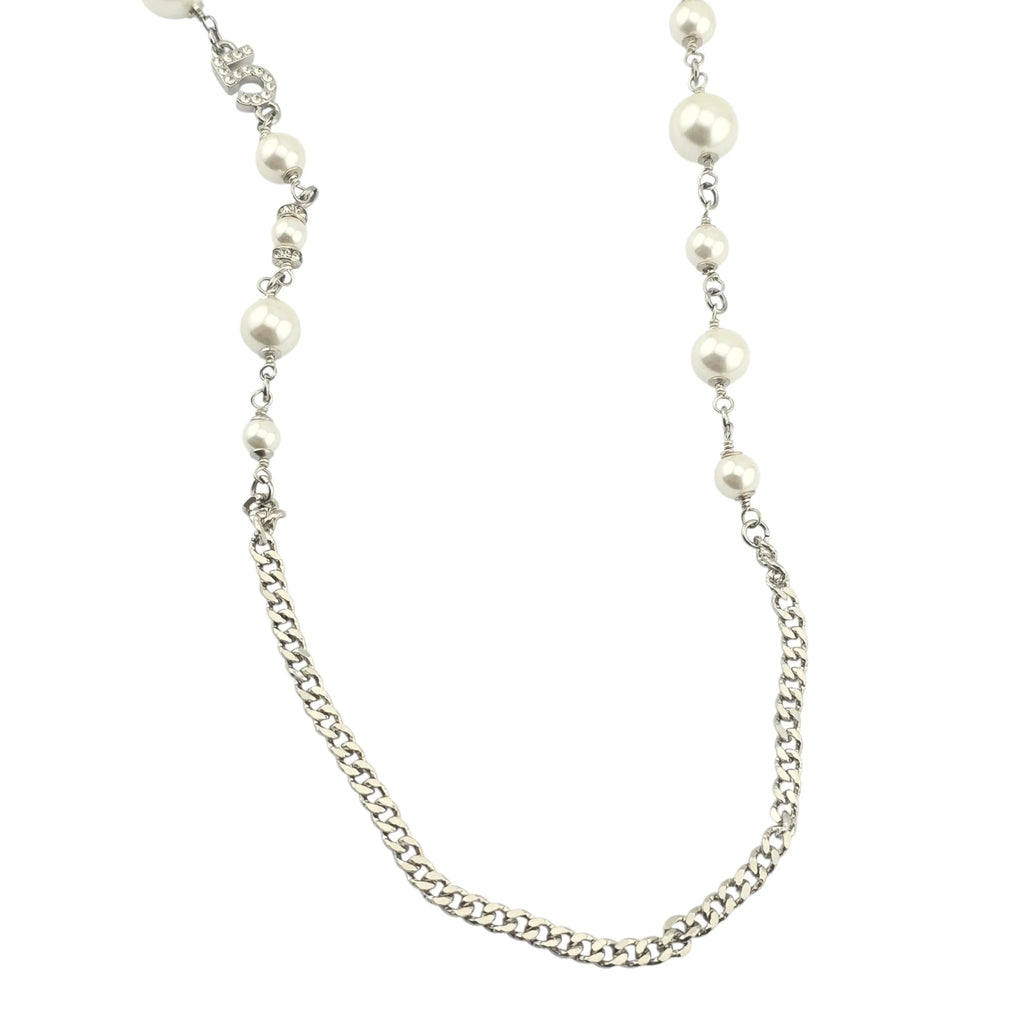 Chanel CC Silver Faux Pearl Logo Long Necklace 2023 CHANEL