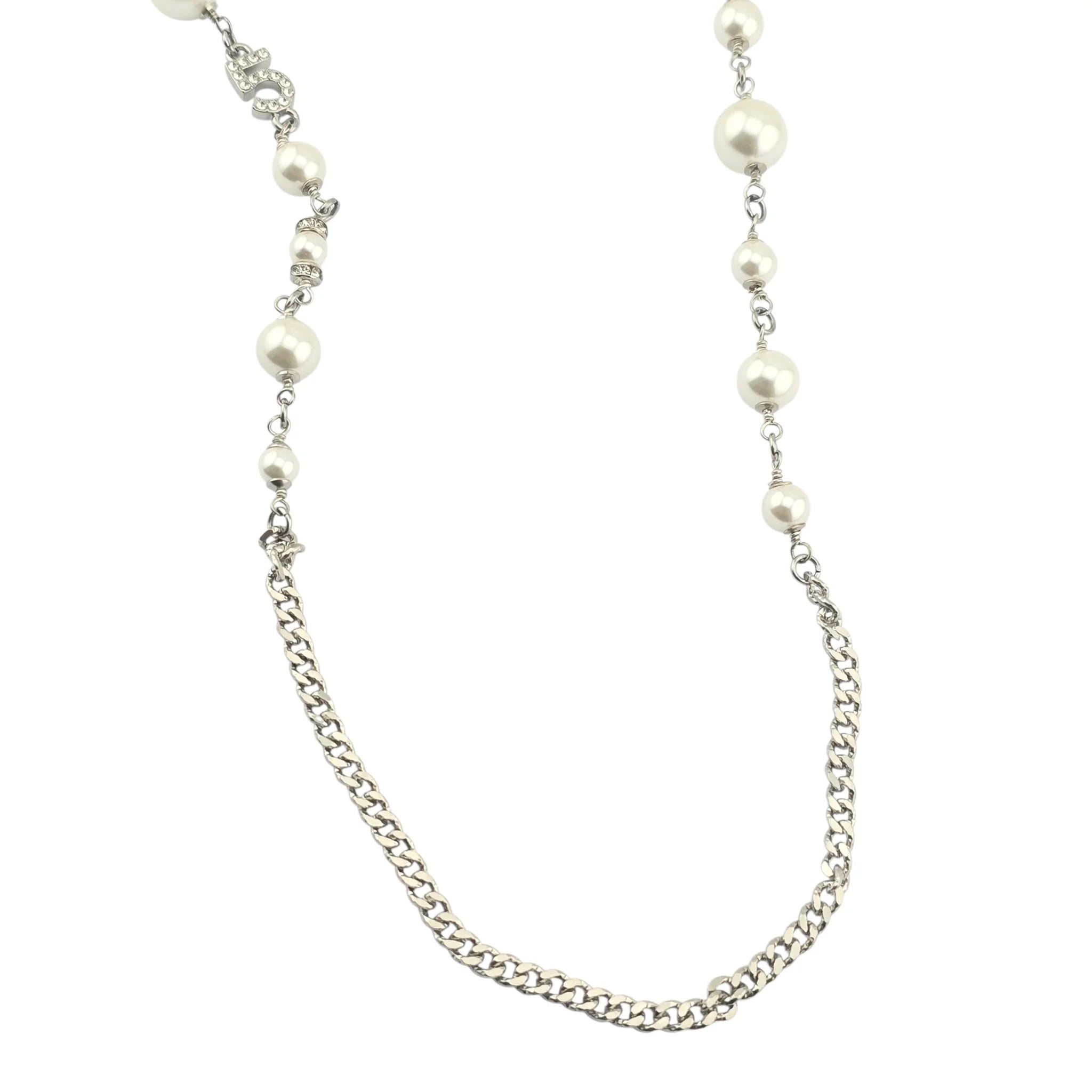 Chanel CC Silver Faux Pearl Logo Long Necklace 2023 CHANEL