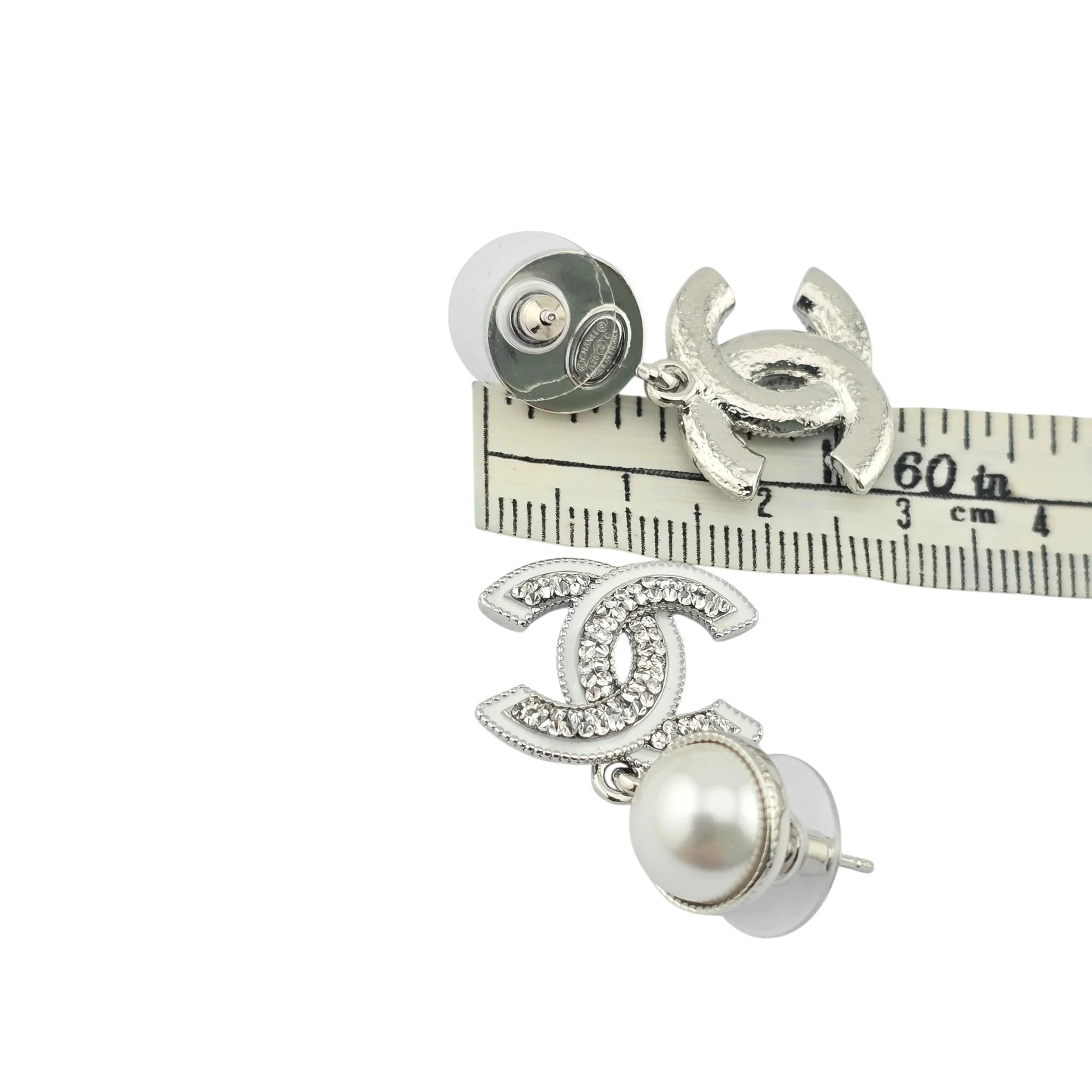Chanel CC White Silver Crystal Faux Pearl Drop Earrings 2025 CHANEL