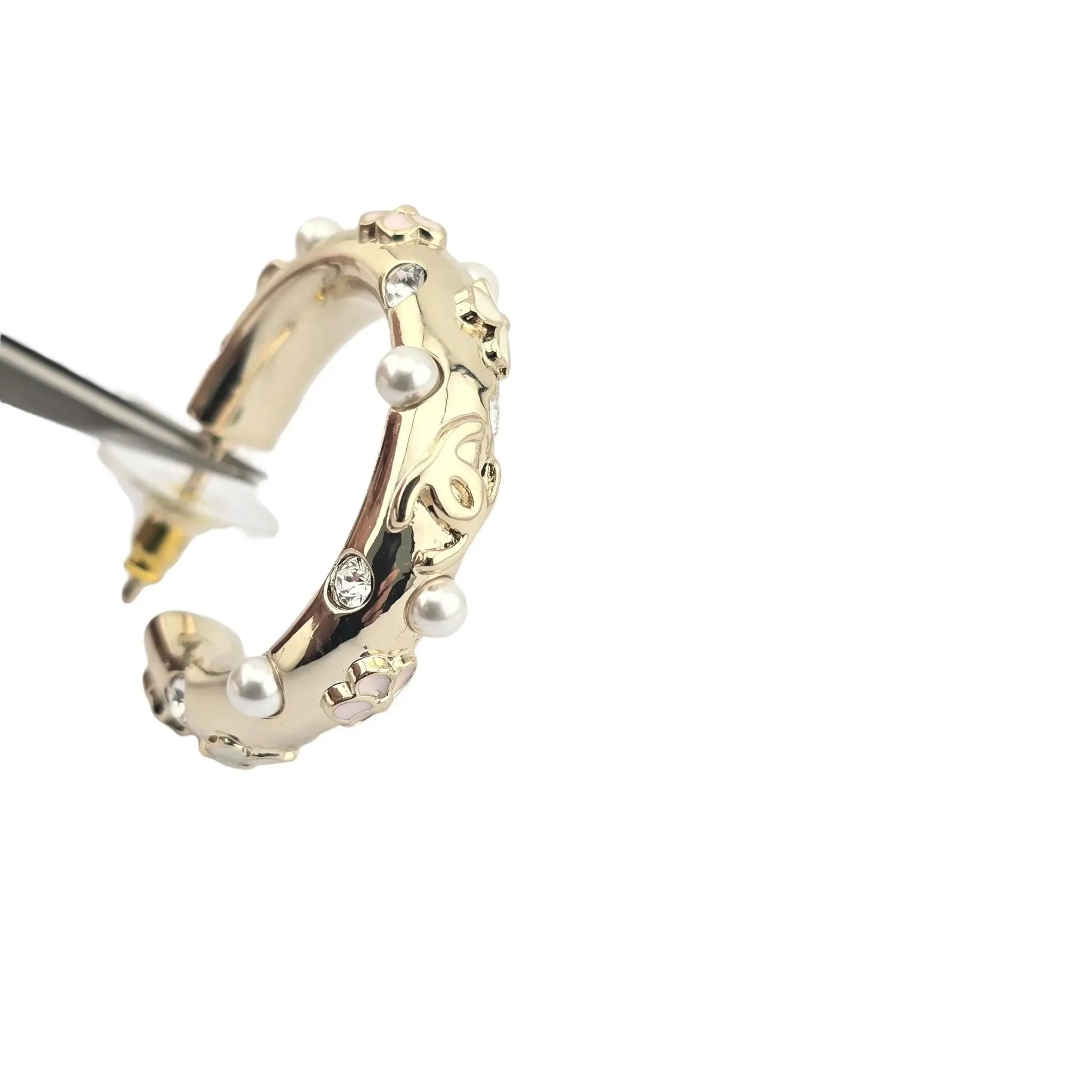 Chanel CC Pearl Clover Camellia Hoop Earrings B22 CHANEL
