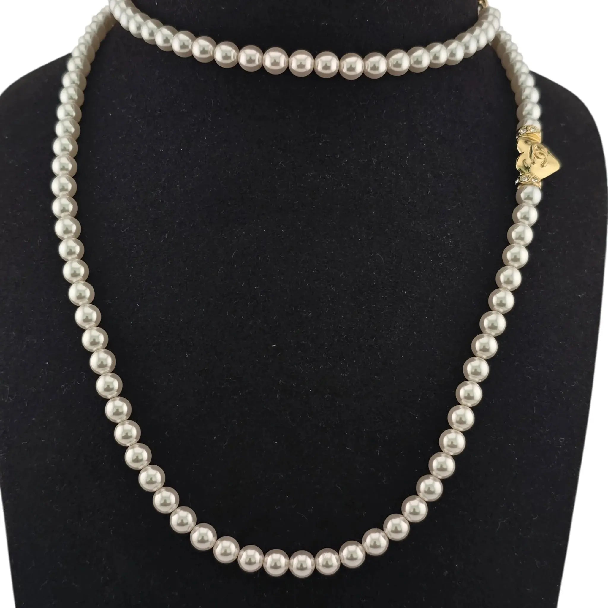 Chanel CC Long Faux Pearl Gold Heart Necklace CHANEL