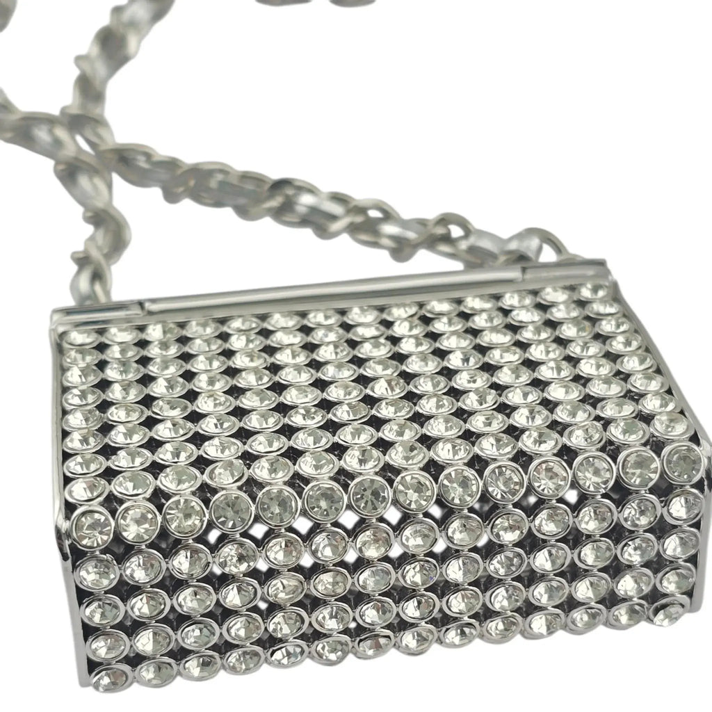 Chanel CC Metal Lambskin Strass Crystal Mini Bag Long Necklace Silver CHANEL