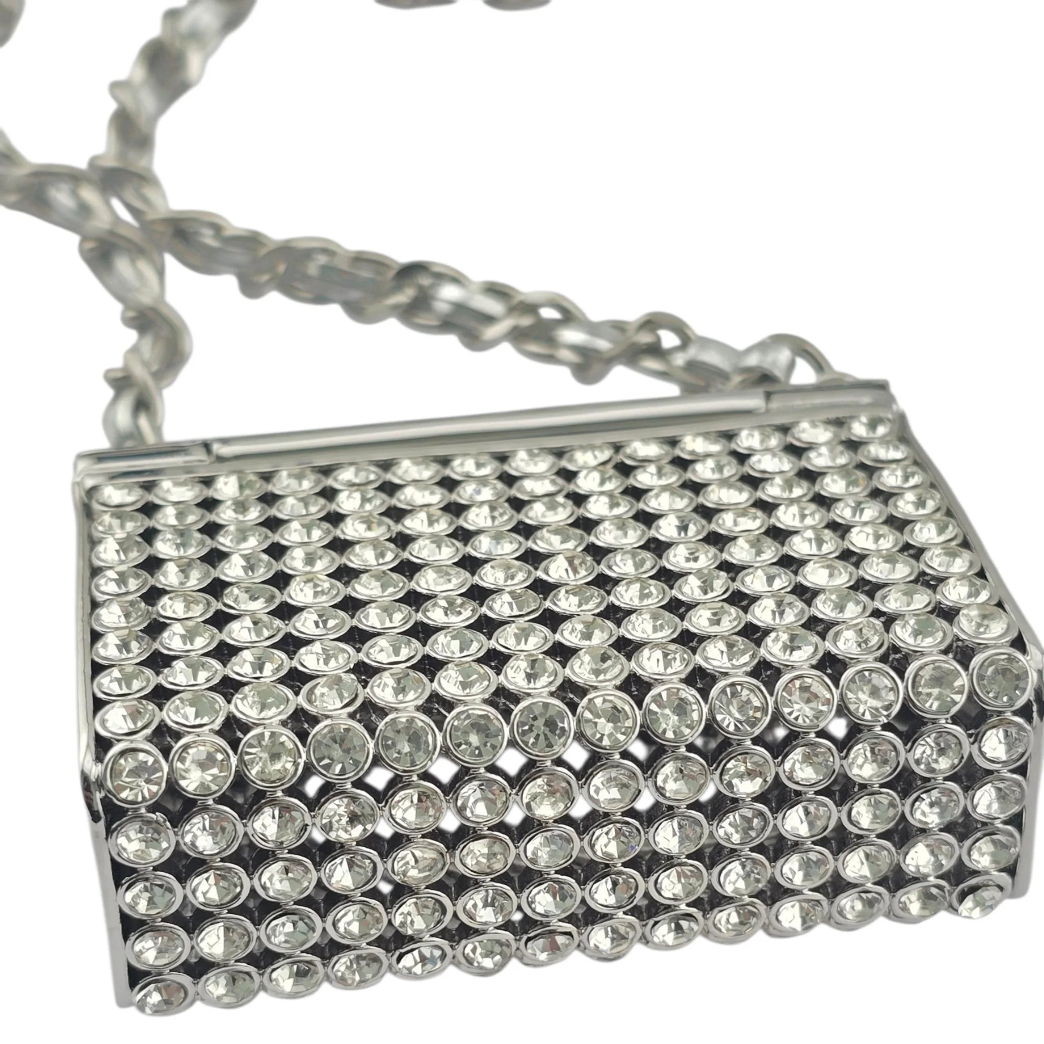 Chanel CC Metal Lambskin Strass Crystal Mini Bag Long Necklace Silver CHANEL