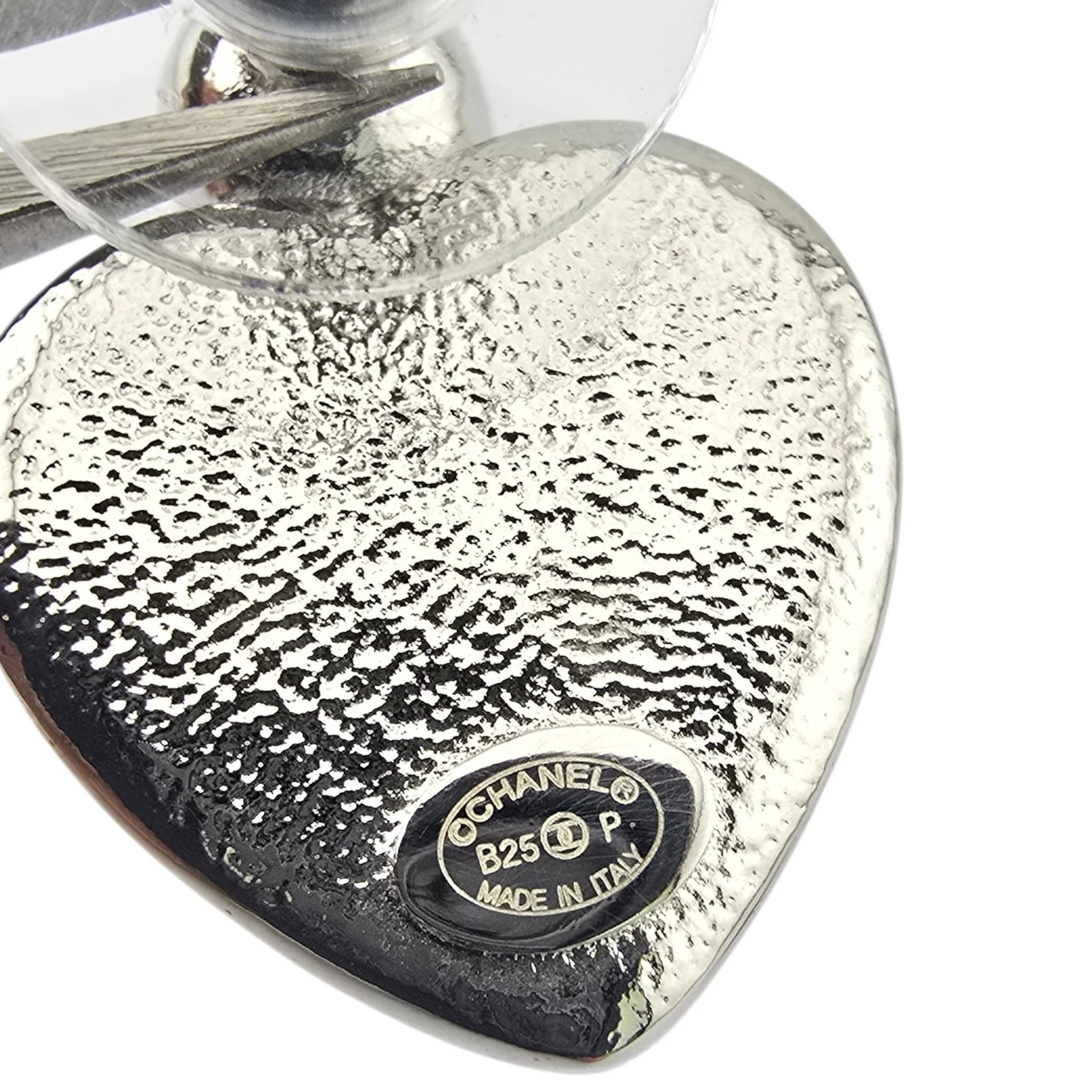 Chanel CC Pink Heart Silver Crystal Metal Earrings B25 CHANEL