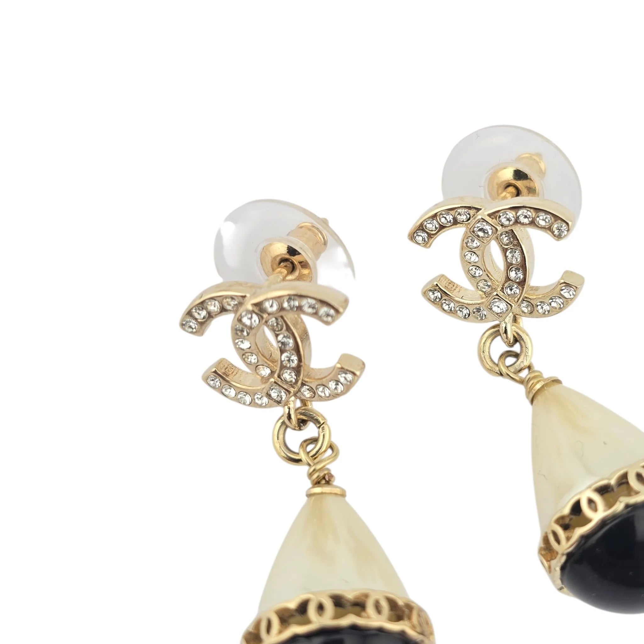 Chanel Crystal Pearl CC Drop Earrings Gold Black CHANEL