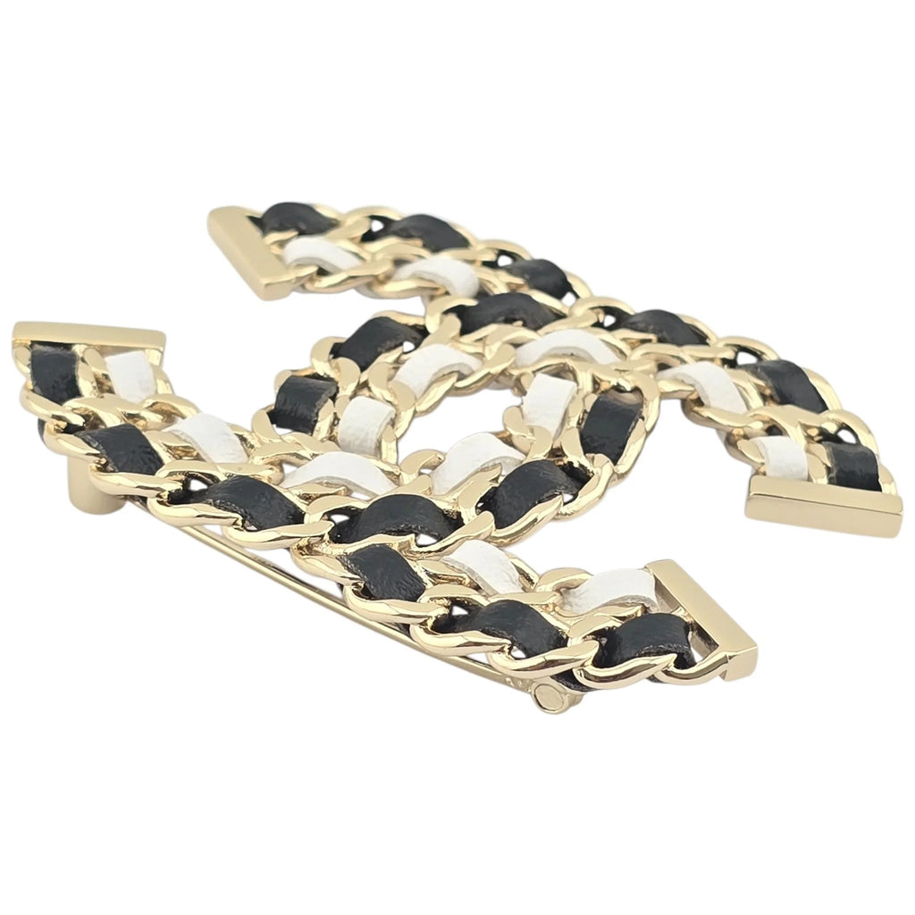 Chanel CC Lambskin Chain Brooch Black White Gold 2022 CHANEL