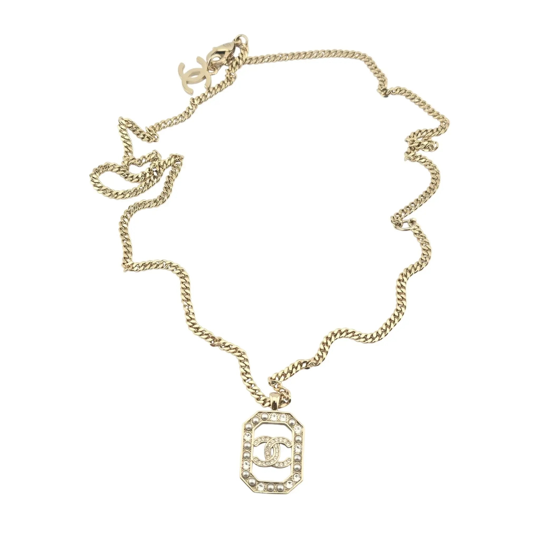 Chanel CC Crystal Pearl Square Pendant Necklace Gold 2023 CHANEL