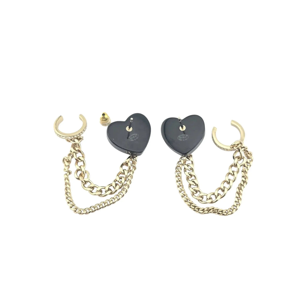 Chanel CC Resin Crystal Heart Chain Cuff Earrings Black Gold CHANEL