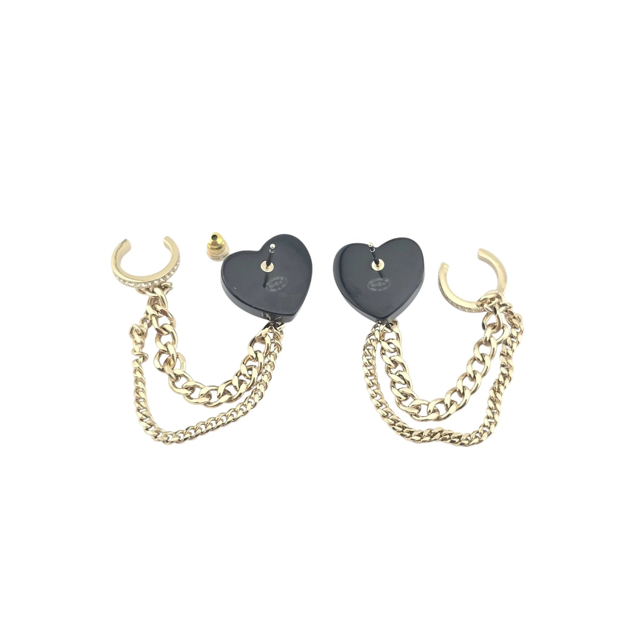 Chanel CC Resin Crystal Heart Chain Cuff Earrings Black Gold CHANEL