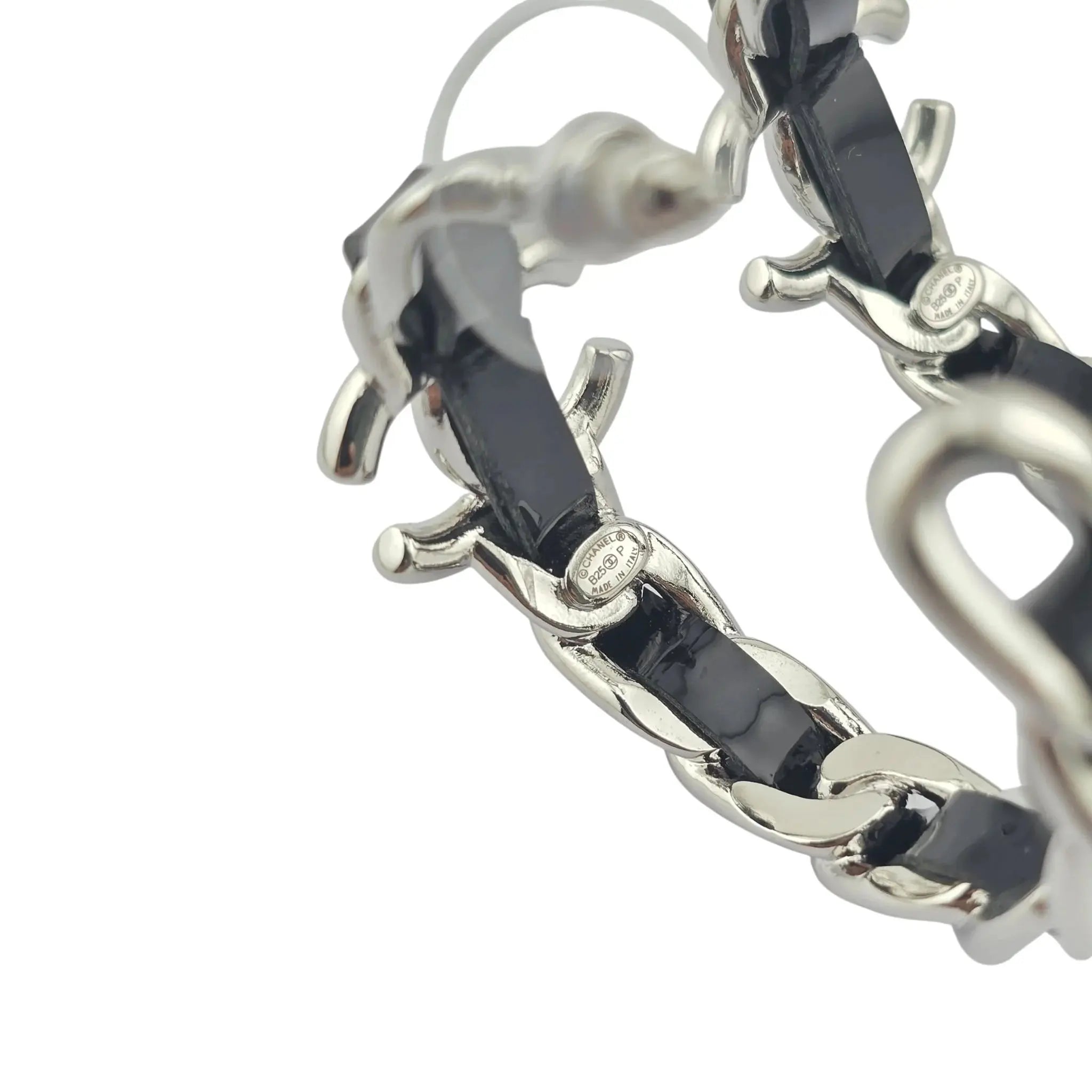 Chanel CC Leather Black Hoop Earrings 2025 CHANEL