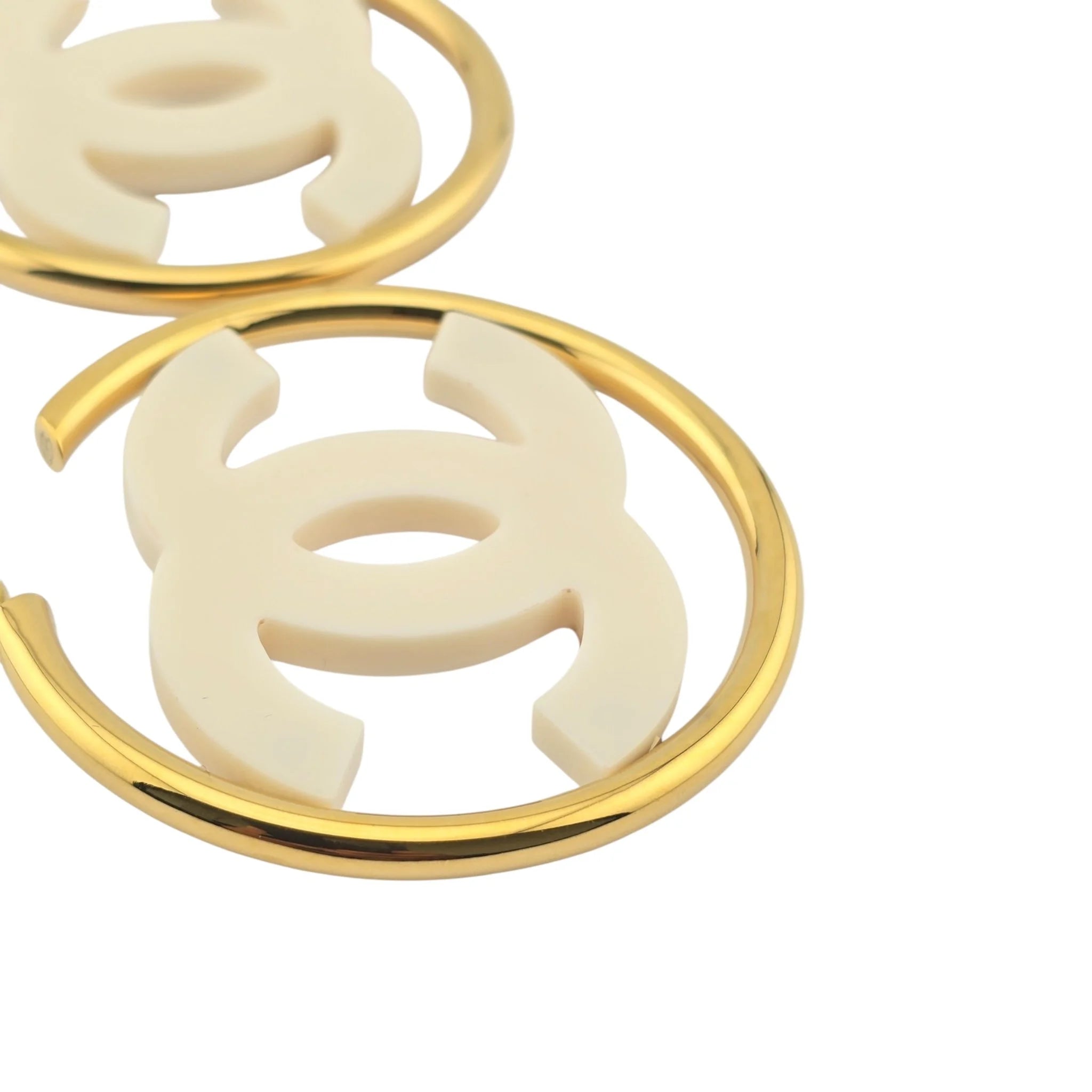 Chanel CC White/Gold Hoop Earrings B24 CHANEL