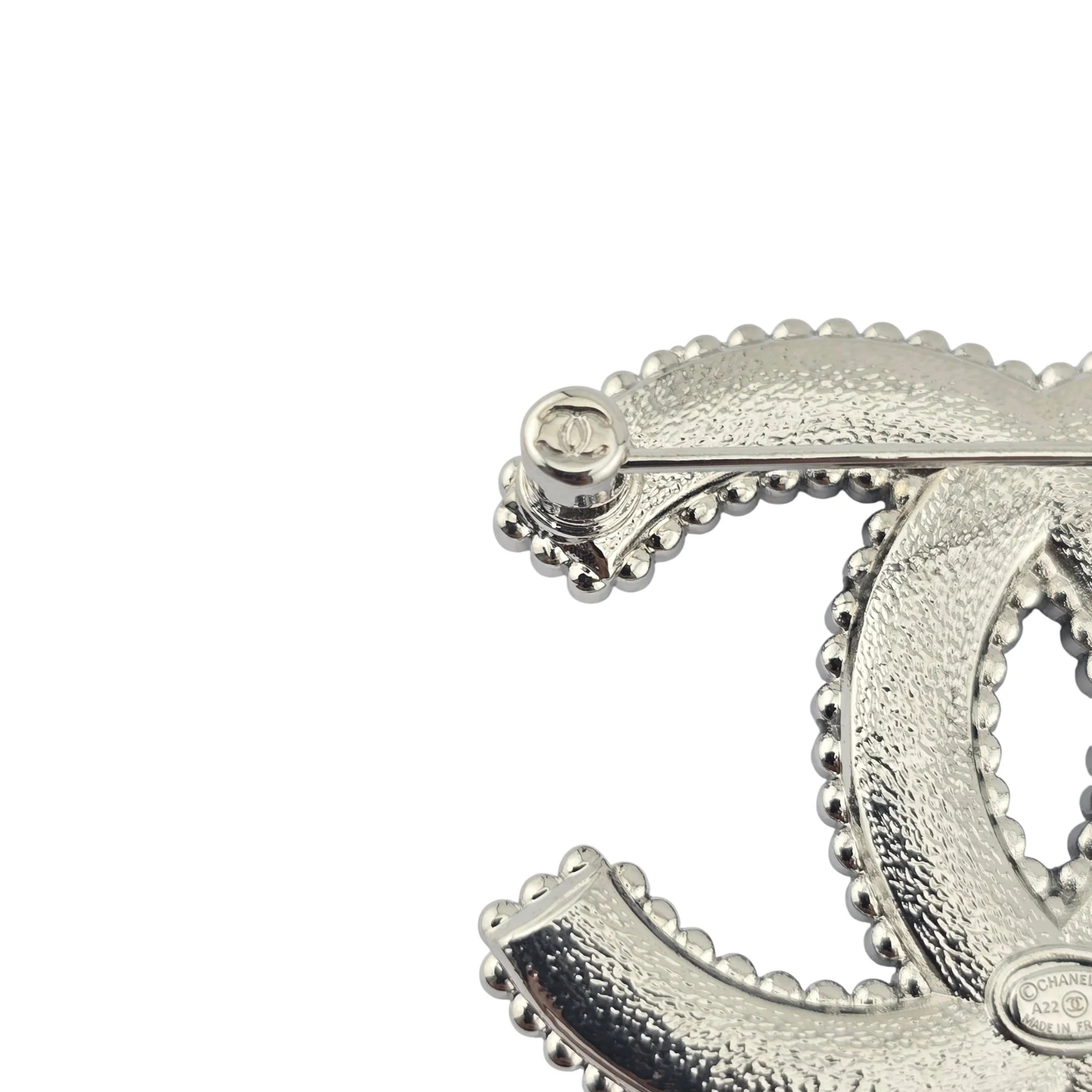 Chanel CC Crystal Leather Silver Tone Pin Brooch 2022 CHANEL