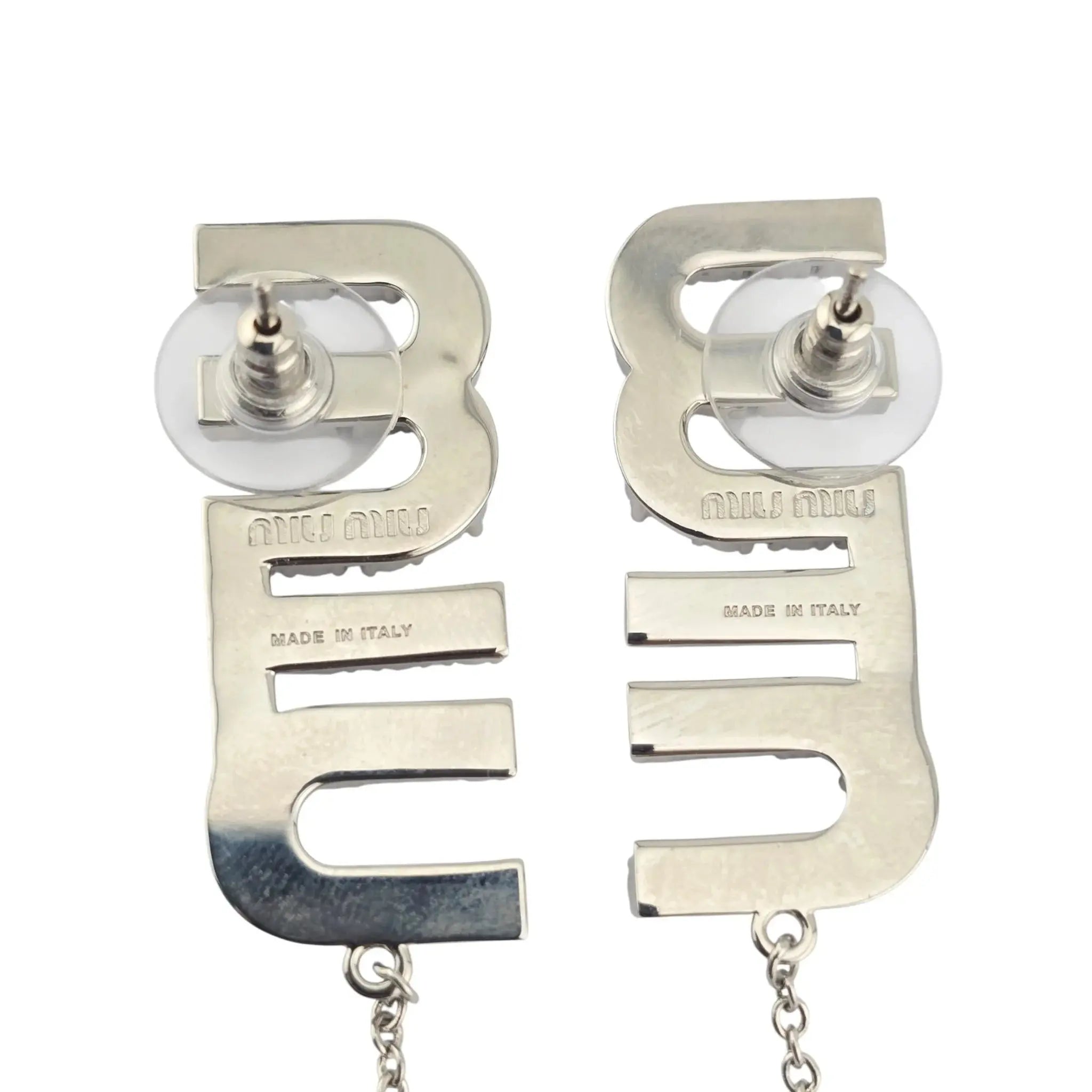 Miu Miu Logo Silver Crystal Drop Earrings MIU MIU