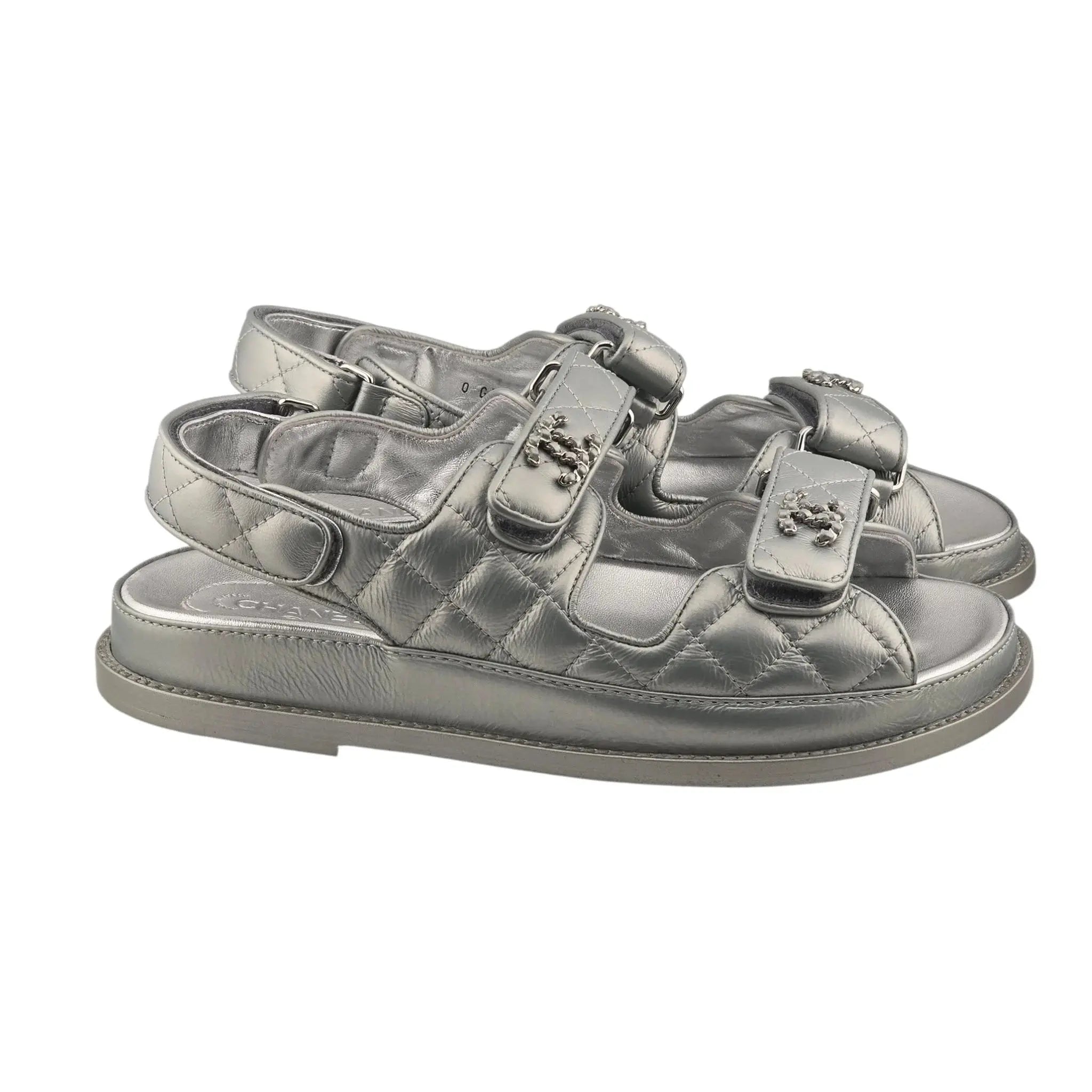 Chanel CC Silver Metallic Leather Dad Sandals CHANEL