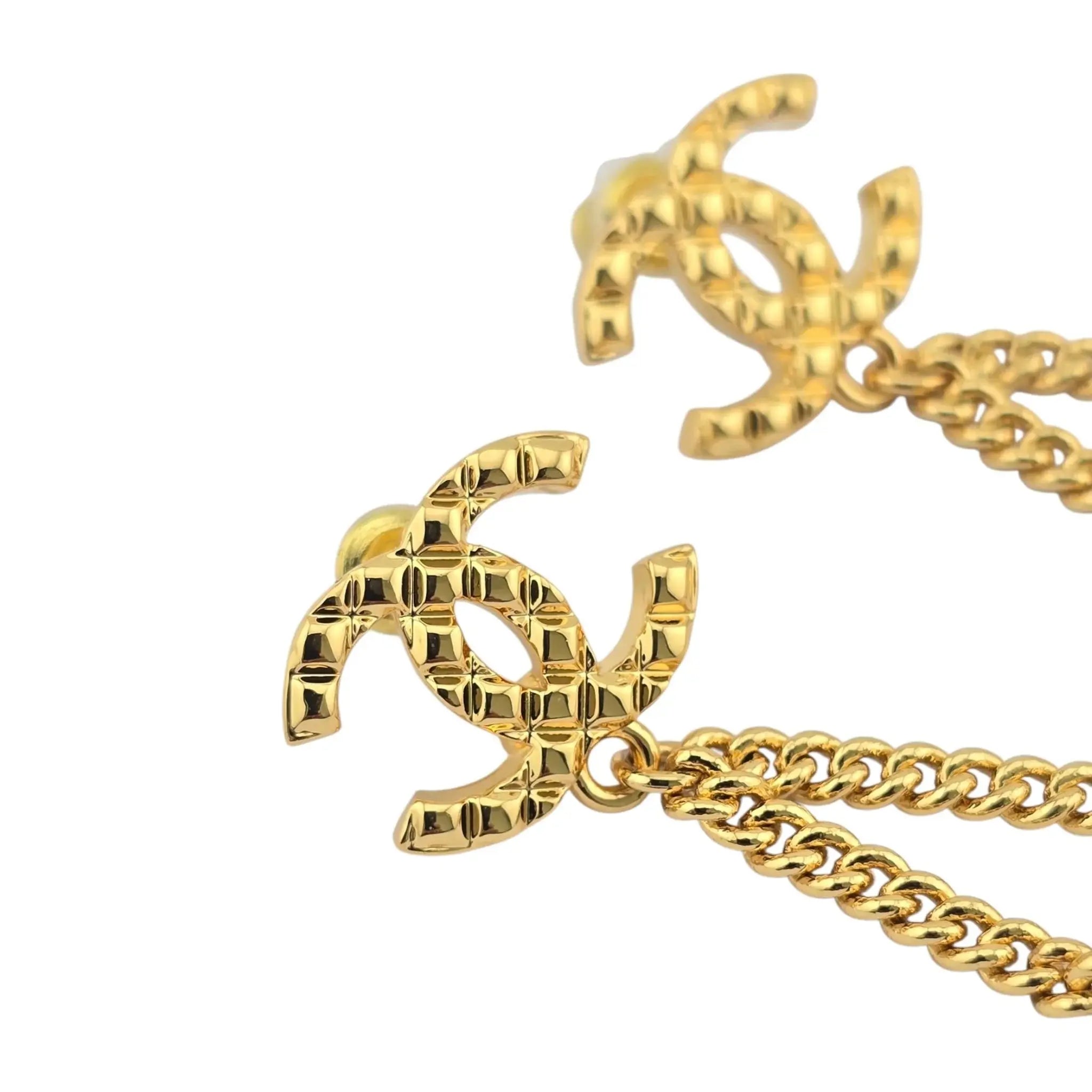 Chanel CC Crystal Pearl Quilted Chain Drop Earrings Gold CHANEL