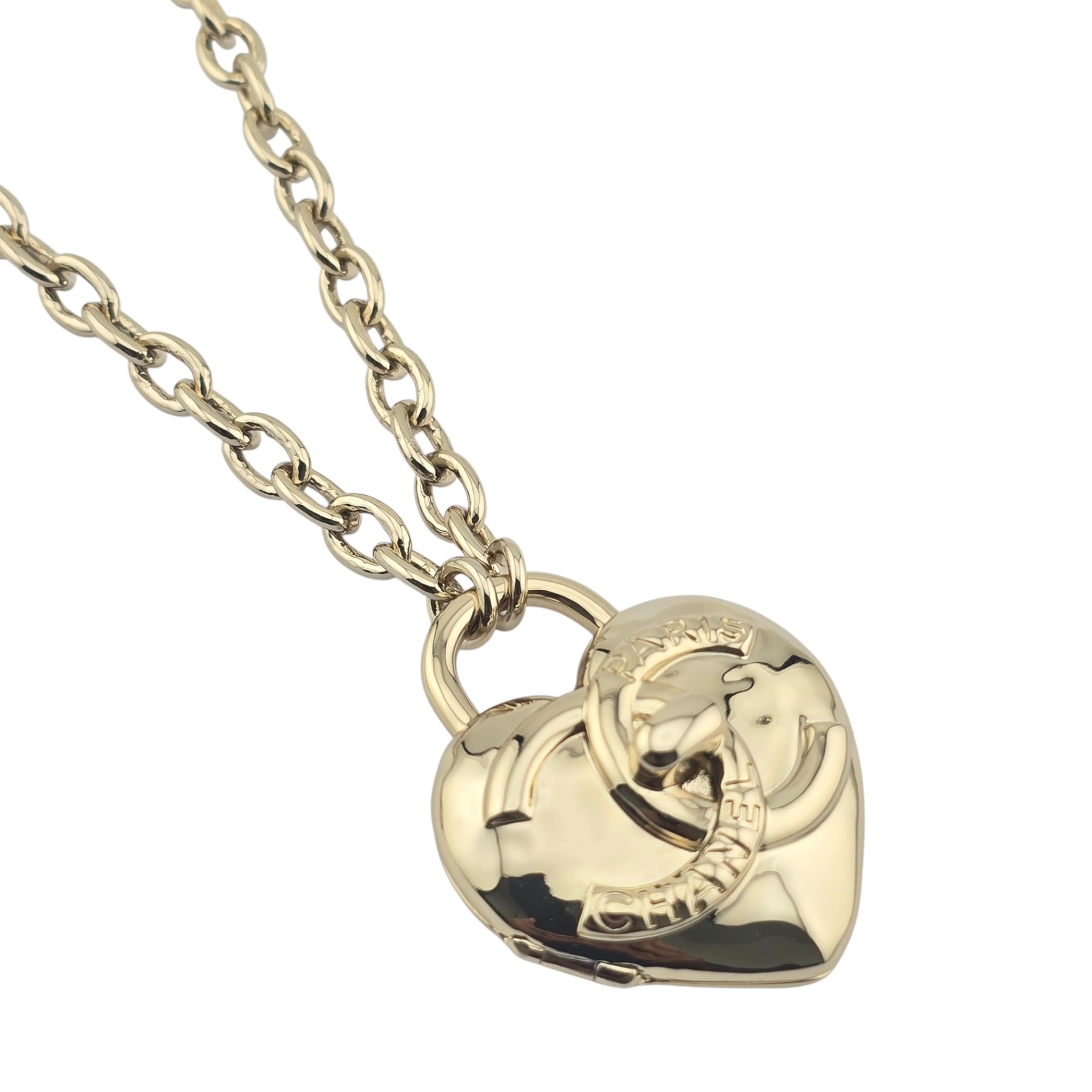 Chanel CC Metal Turnlock Heart Locket Necklace Gold CHANEL