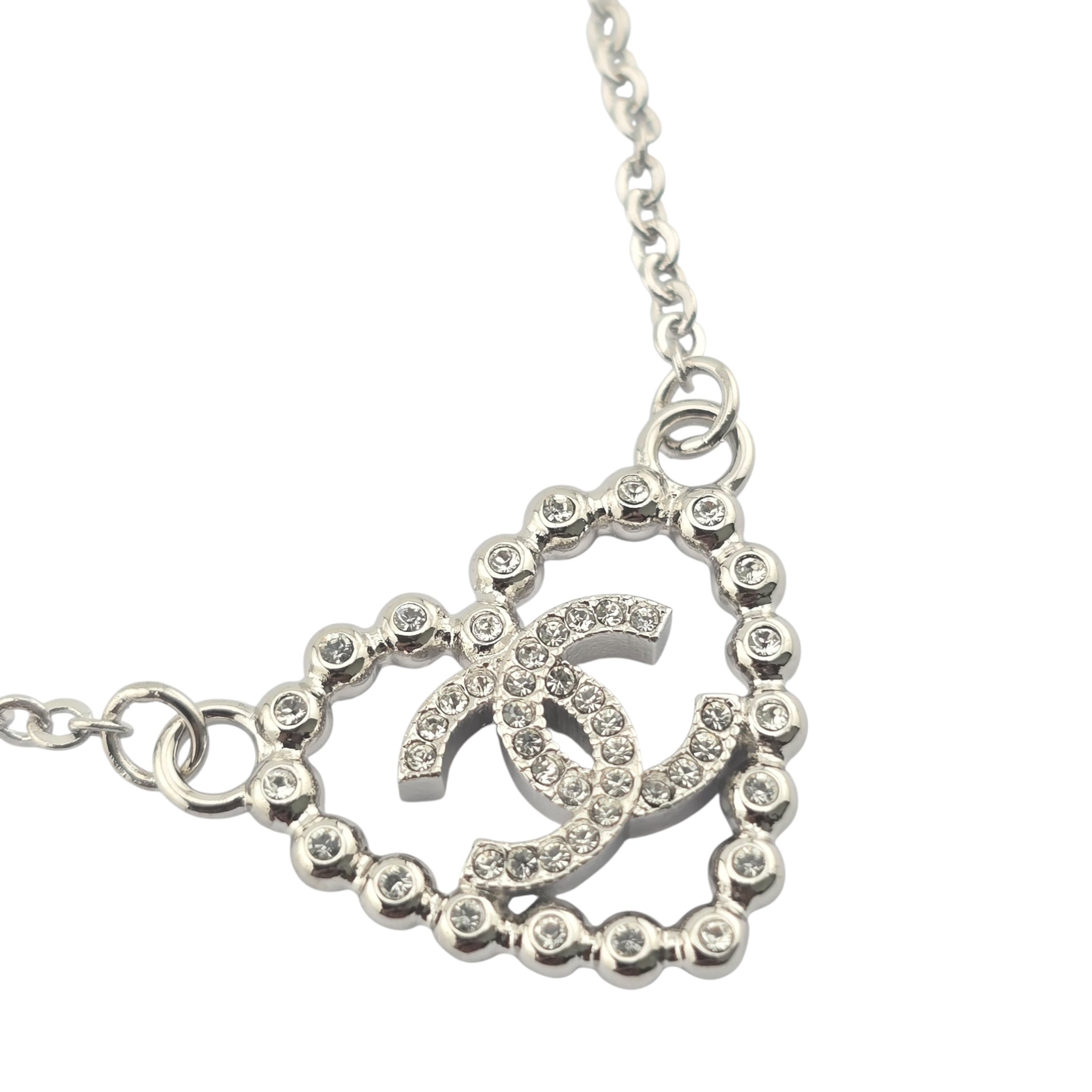 Chanel CC Crystal Heart Silver Necklace