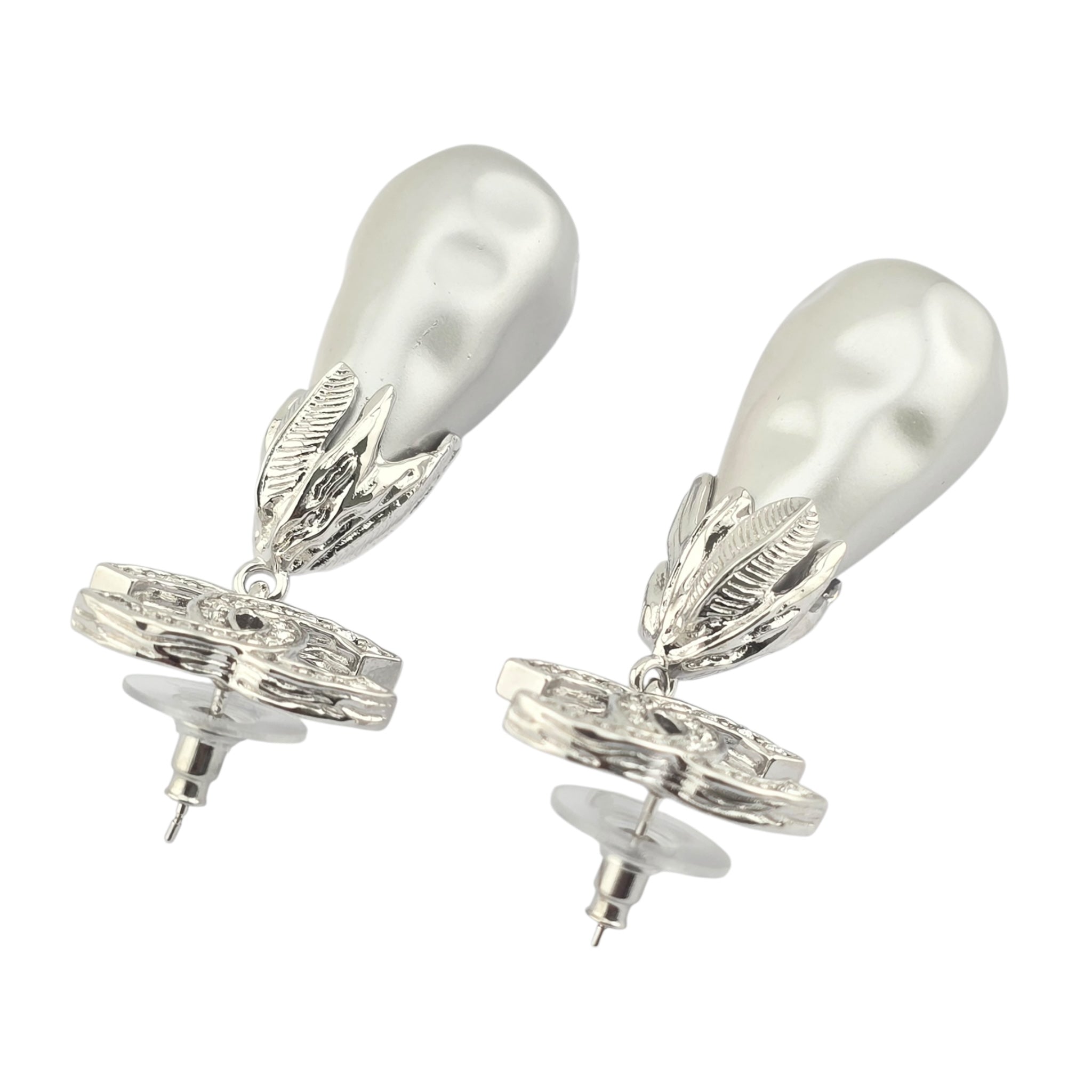 Chanel CC Faux Pearl Silver Leaf Earrings 2025 CHANEL