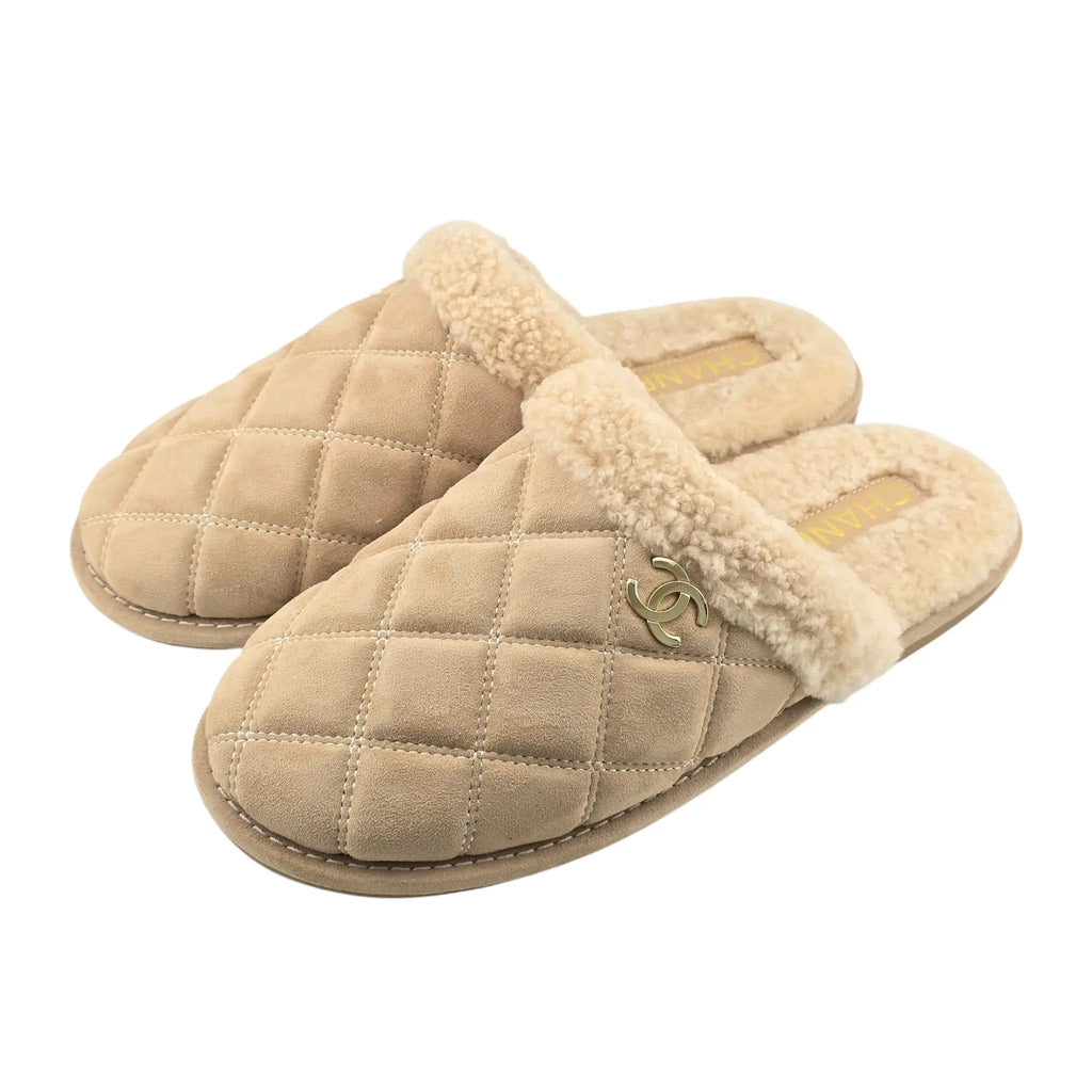 Chanel CC Suede Shearling Mule Slippers 39 UK6 CHANEL