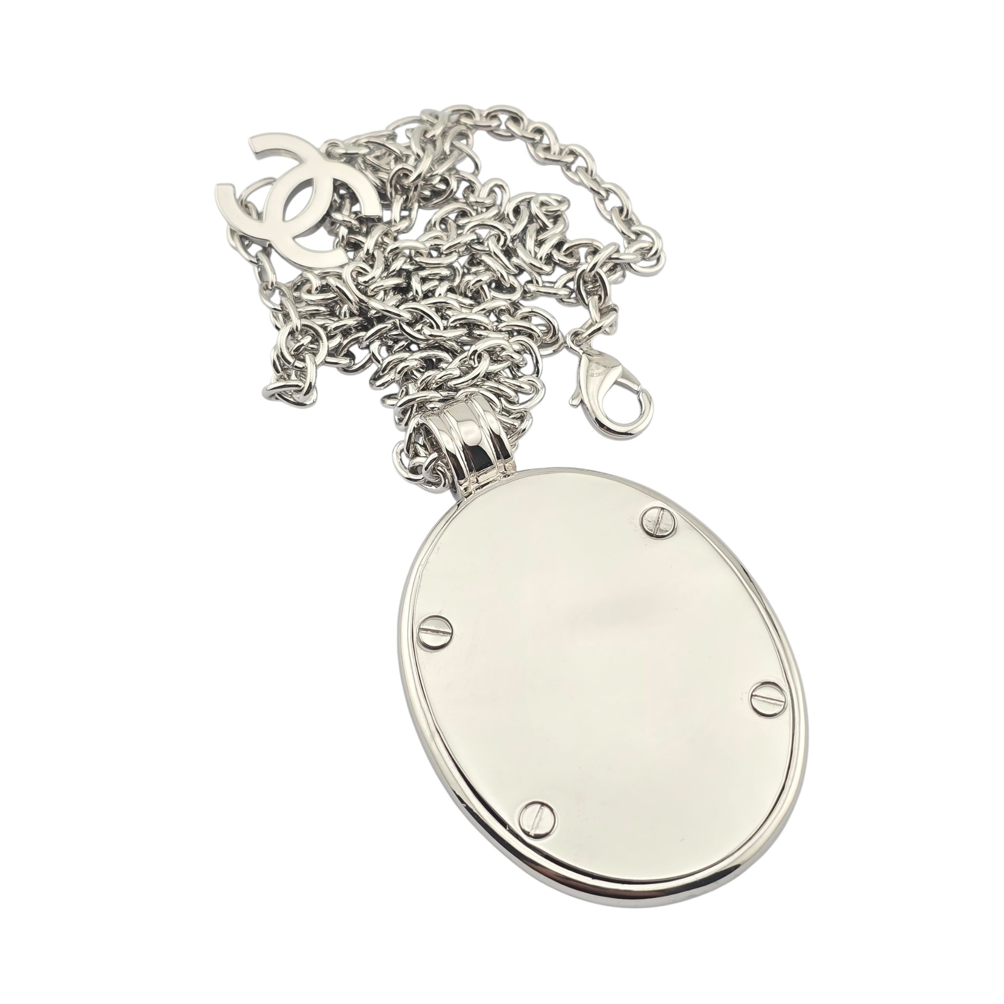 Chanel CC Silver Oval Pendant Necklace 2025