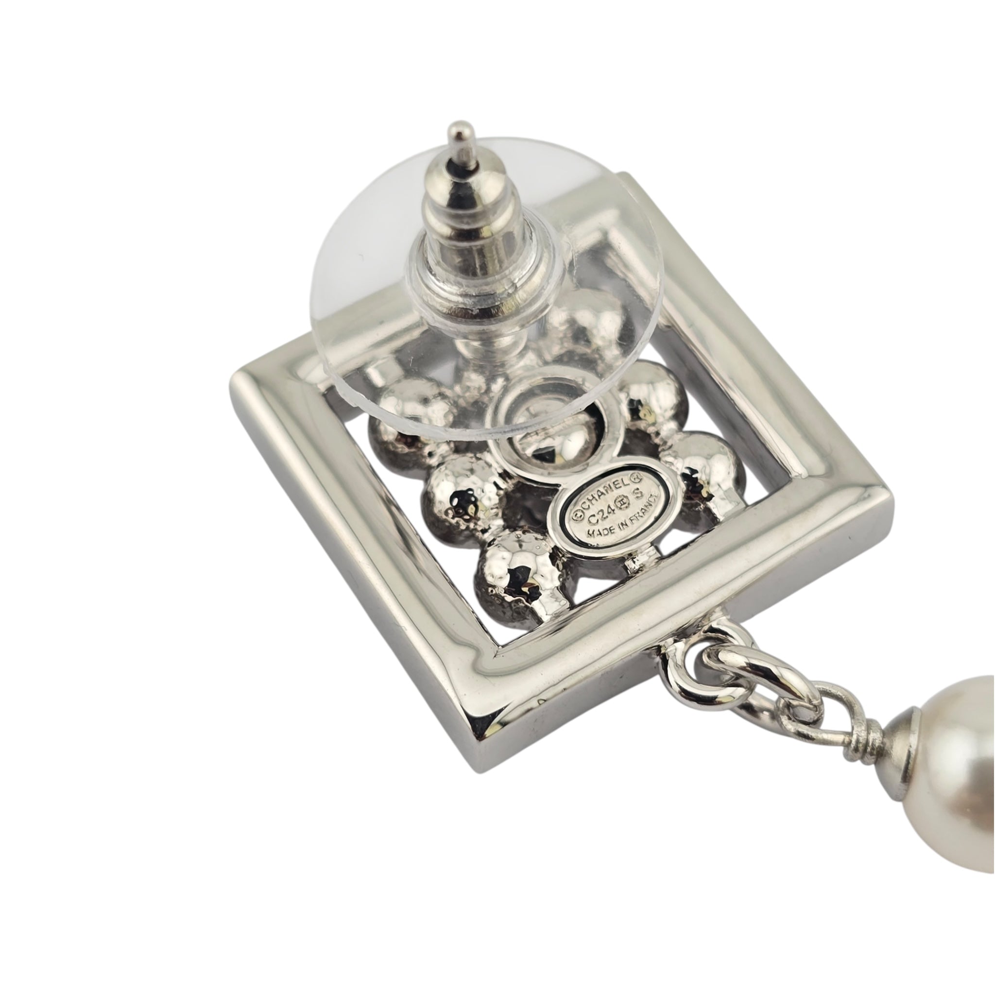 Chanel CC Silver Faux Pearl Drop Earrings 2024