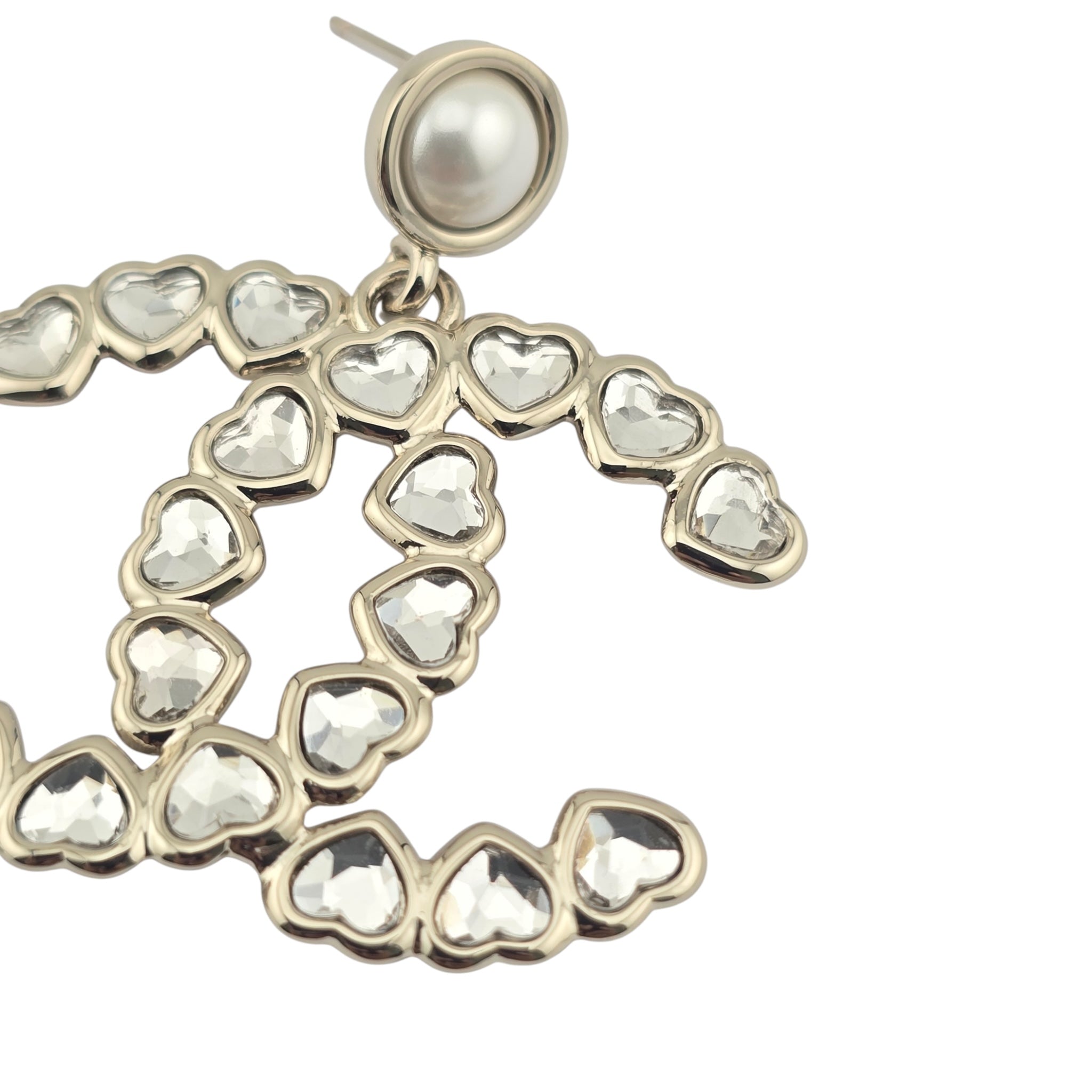 Chanel CC Pearl Crystal Heart Drop Earrings Gold 2025