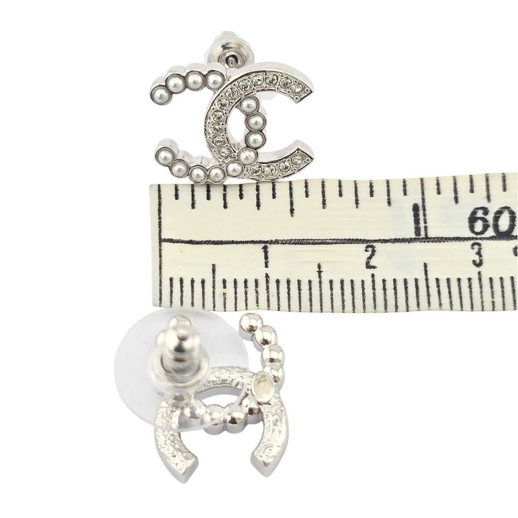 Chanel Pearl Crystal CC Earrings Silver Pearly White