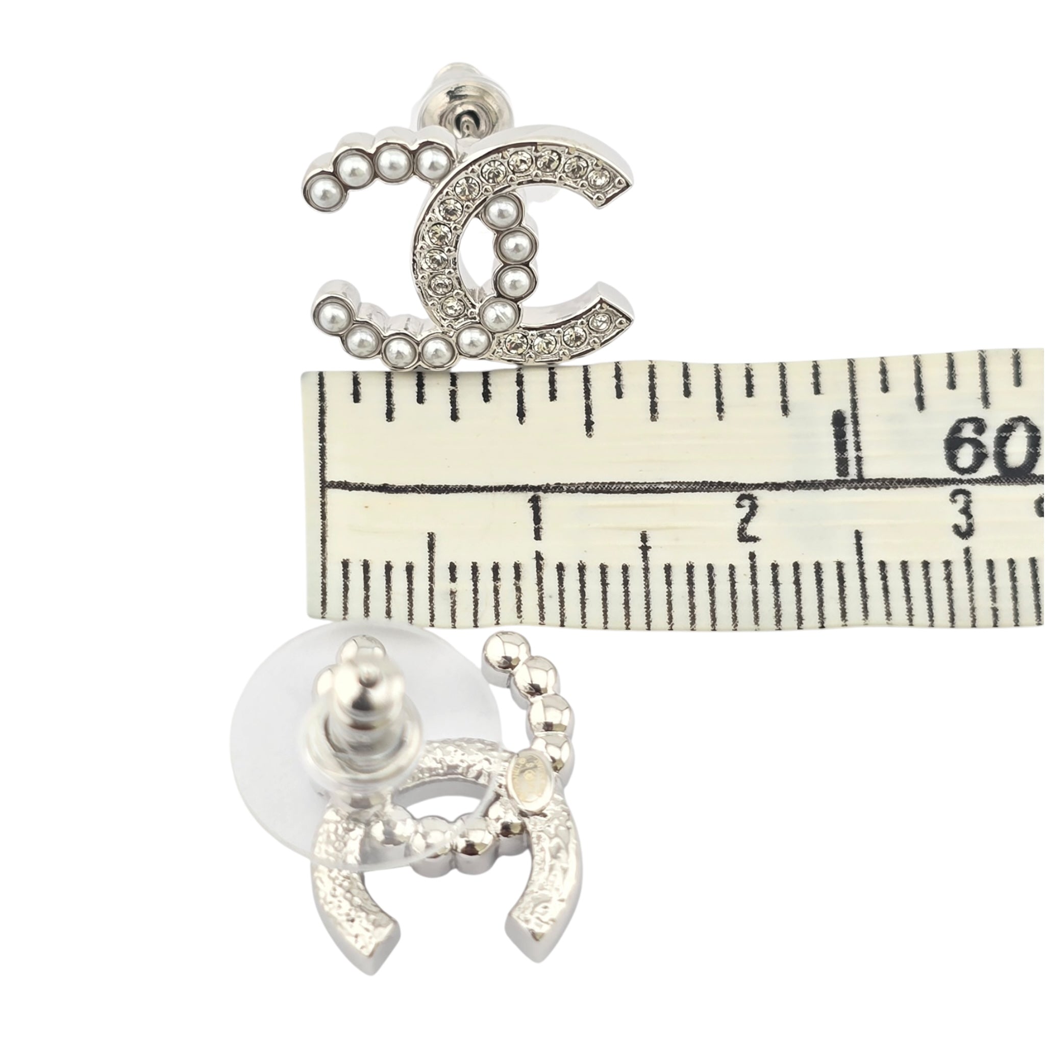 Chanel Pearl Crystal CC Earrings Silver Pearly White