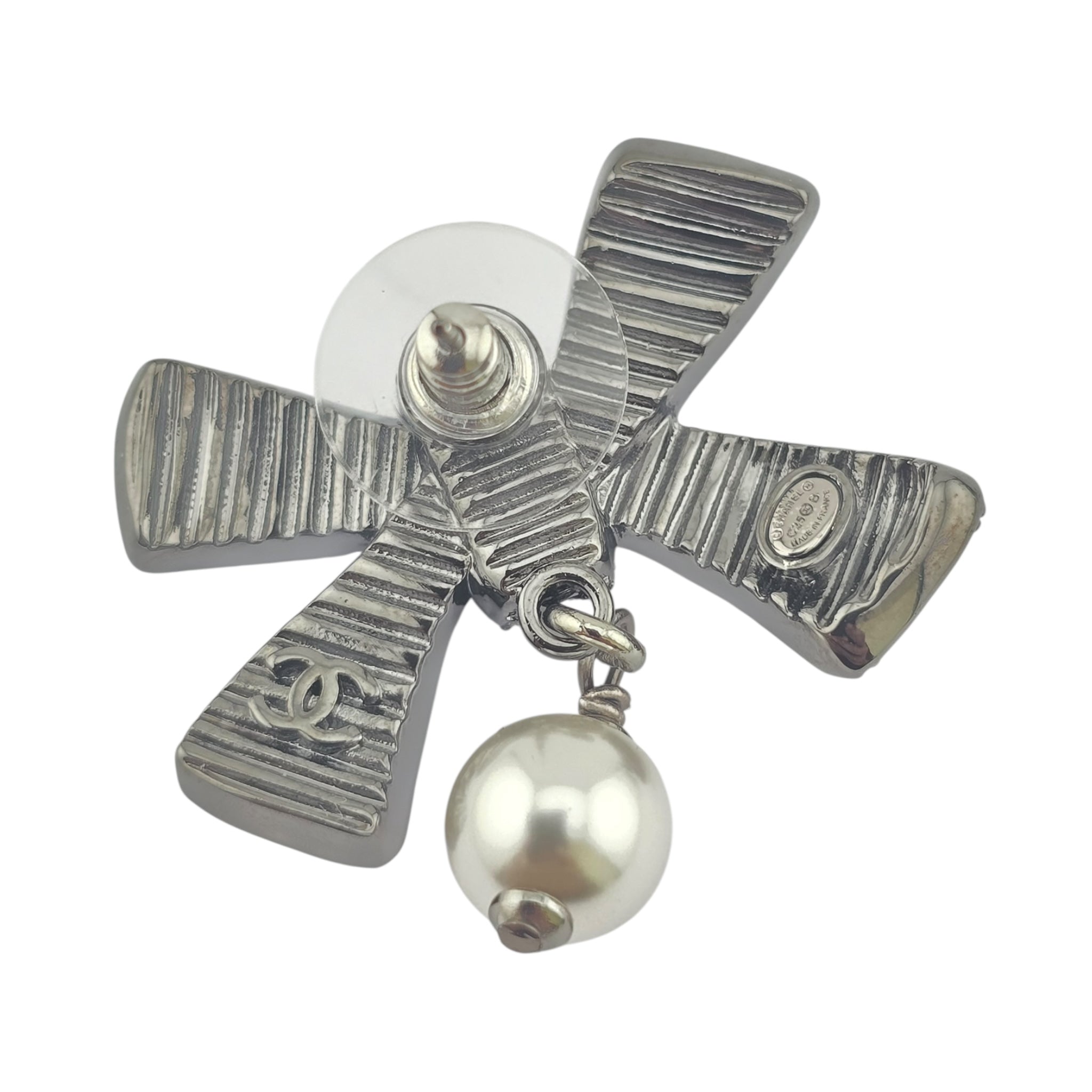 Chanel CC Silver Crystal Enamel Bow Earrings 2025