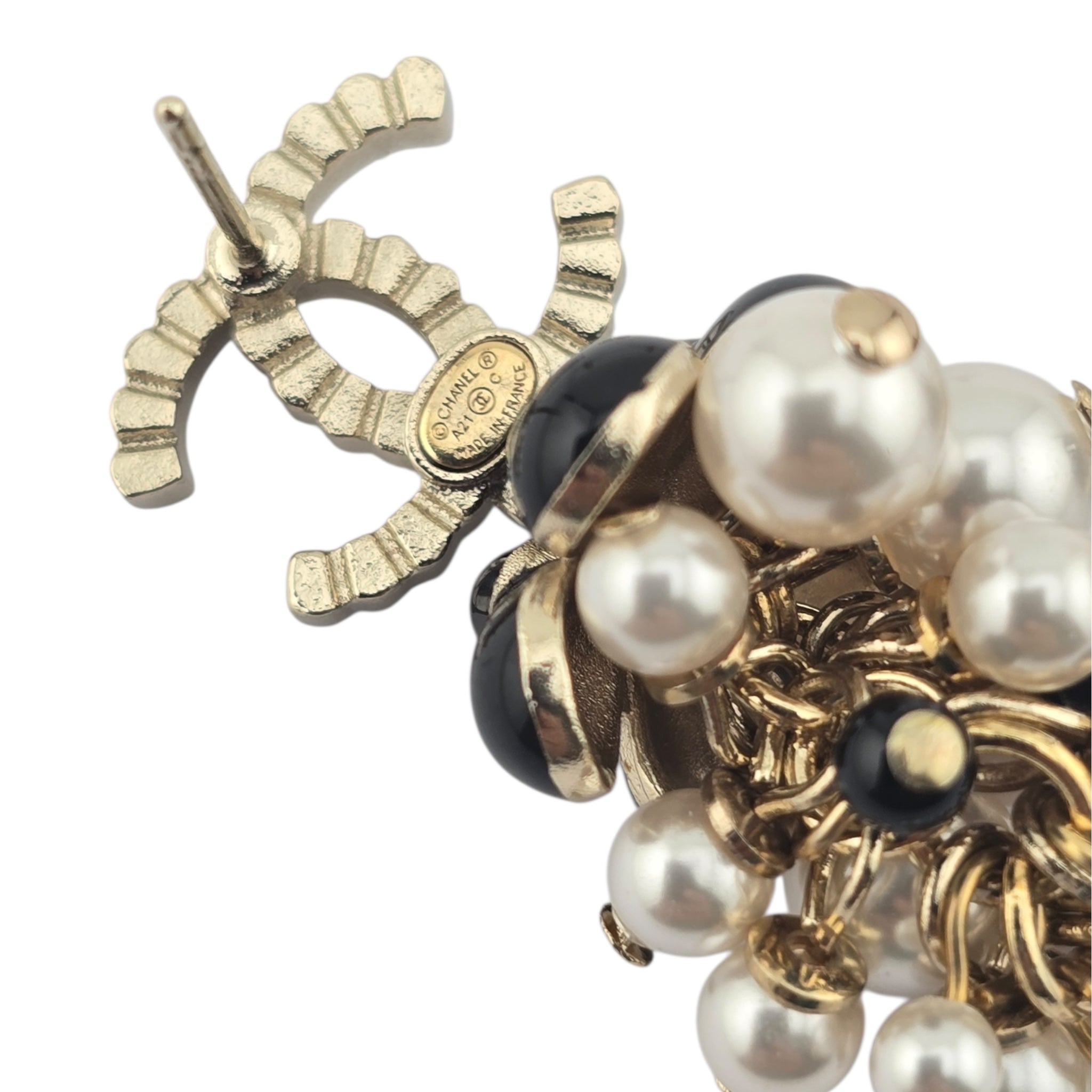 Chanel CC Faux Pearl White Black Gold Earrings CHANEL