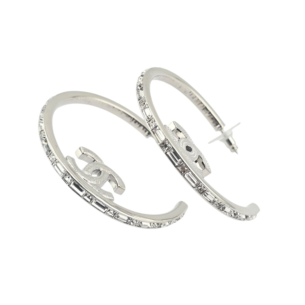 Chanel CC Metal Crystal Baguette Large Hoop Earrings Silver 2022 CHANEL