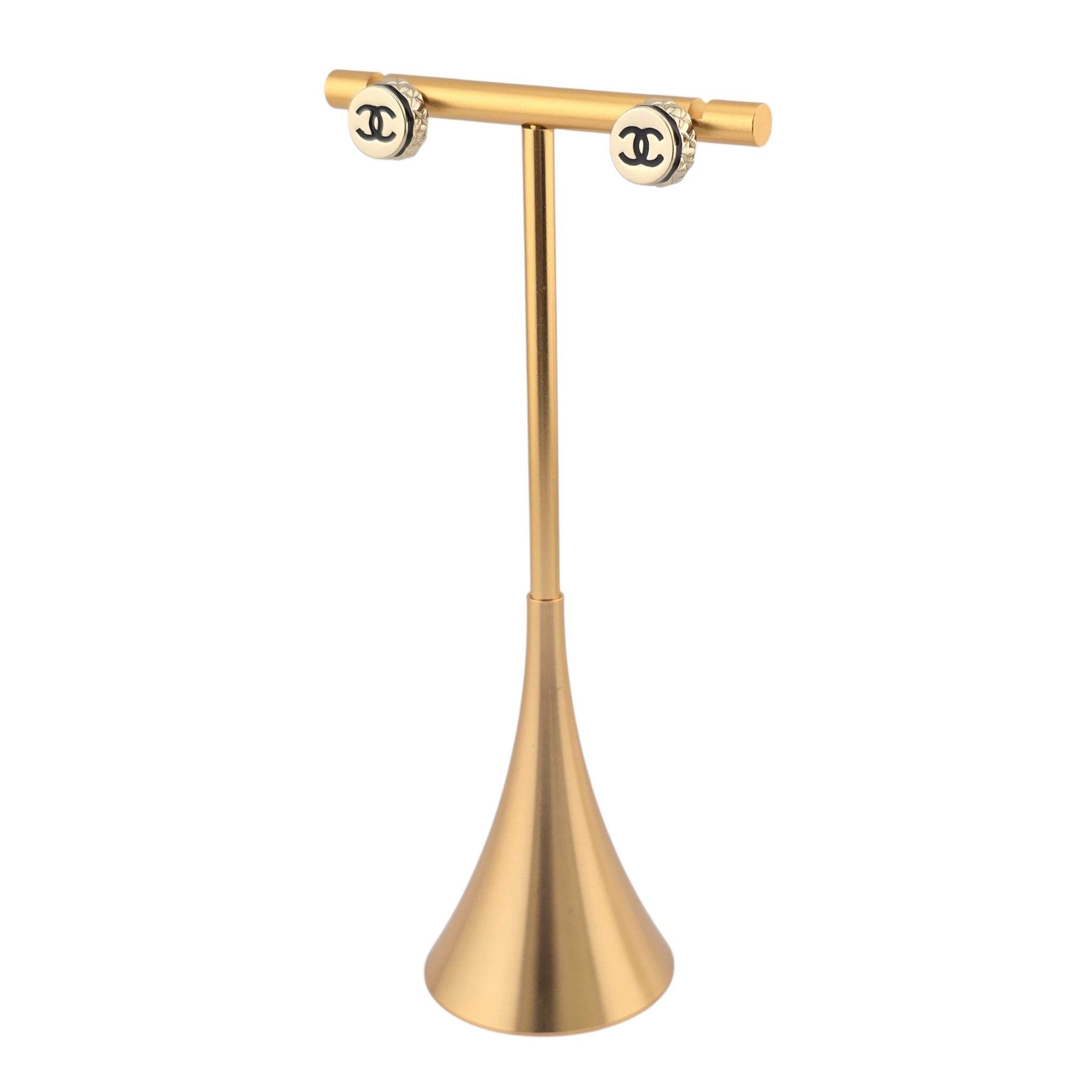 Chanel CC Stud Gold Black Round Earrings B25 CHANEL