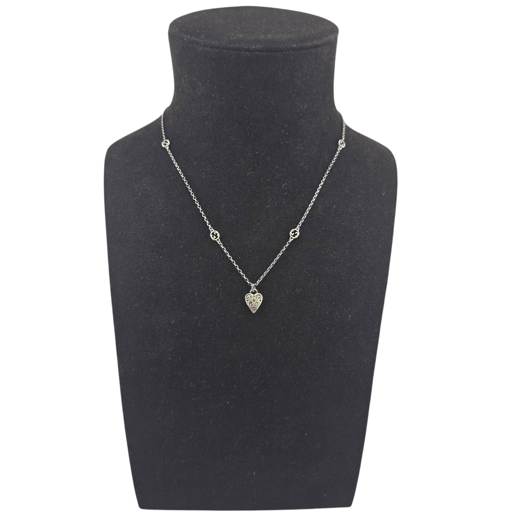 GUCCI GG Engraved Heart Charm Sterling Silver Necklace GUCCI