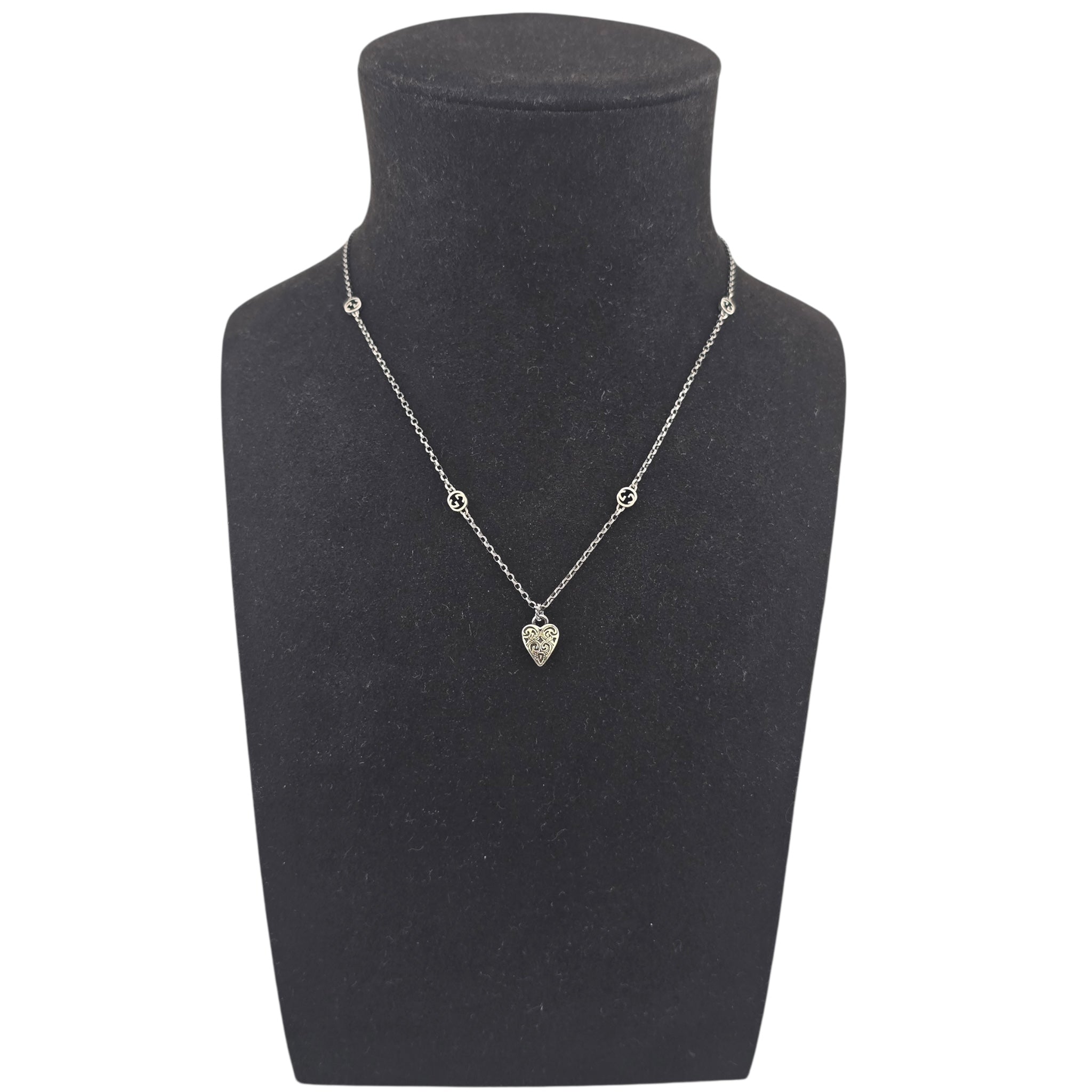 GUCCI GG Engraved Heart Charm Sterling Silver Necklace GUCCI