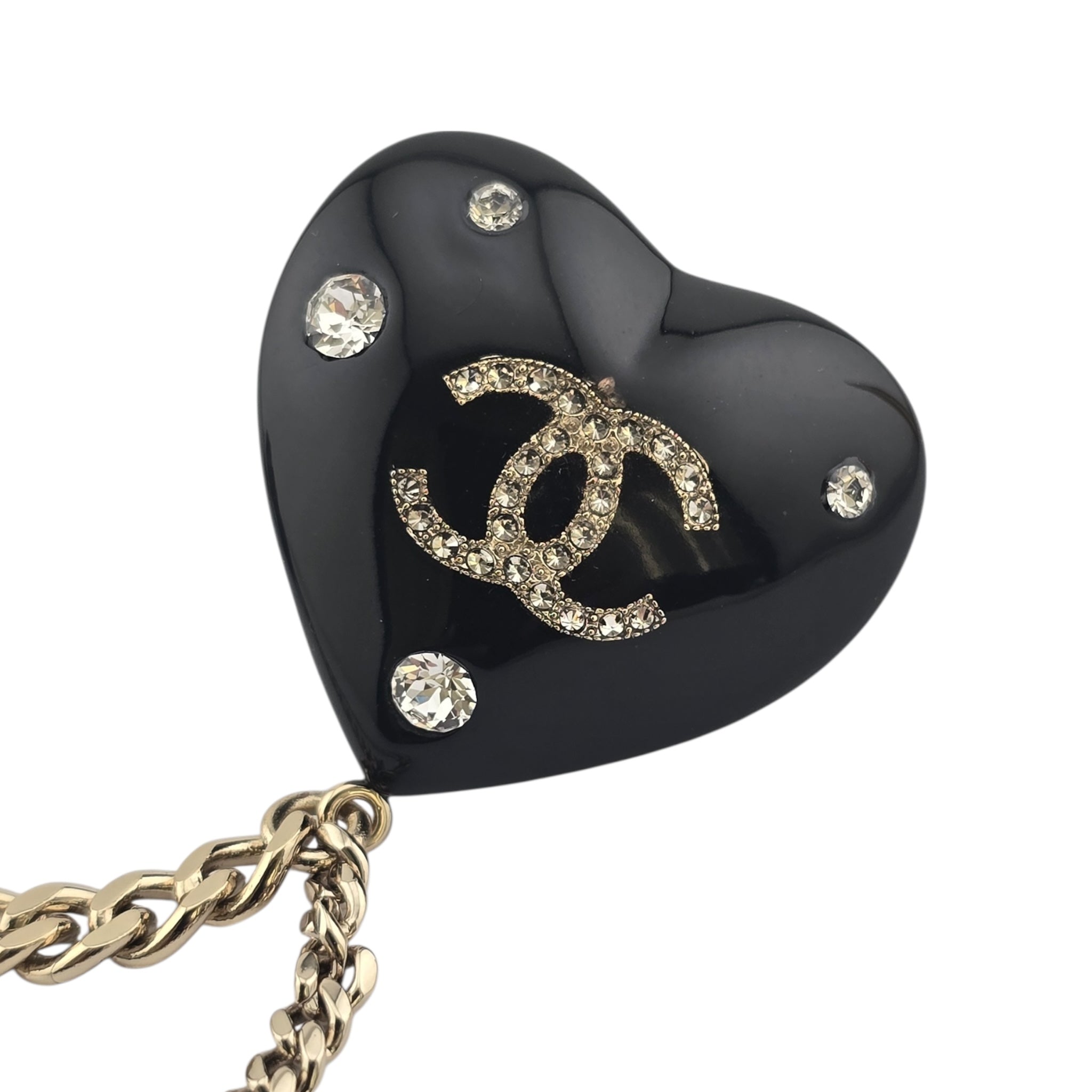 Chanel CC Black Resin Heart Chain Brooch CHANEL