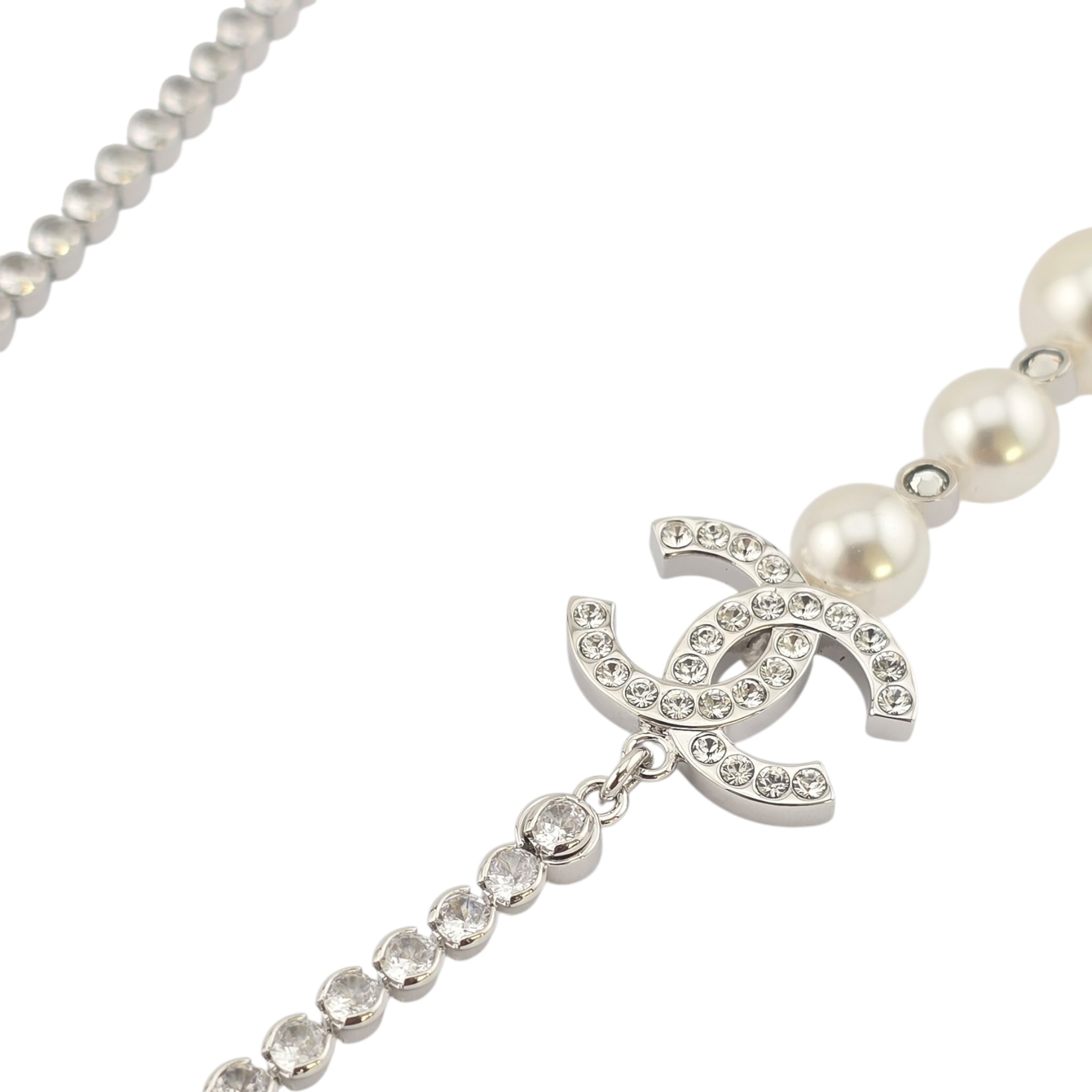 Chanel CC Faux Pearl Silver Crystal Necklace 2025 CHANEL