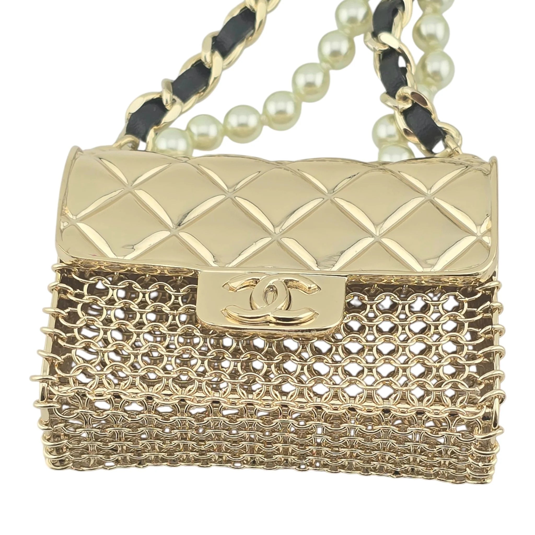 Chanel Flap Bag Pendant Long Necklace Quilted Metal with Lambskin and Faux Pearl CHANEL